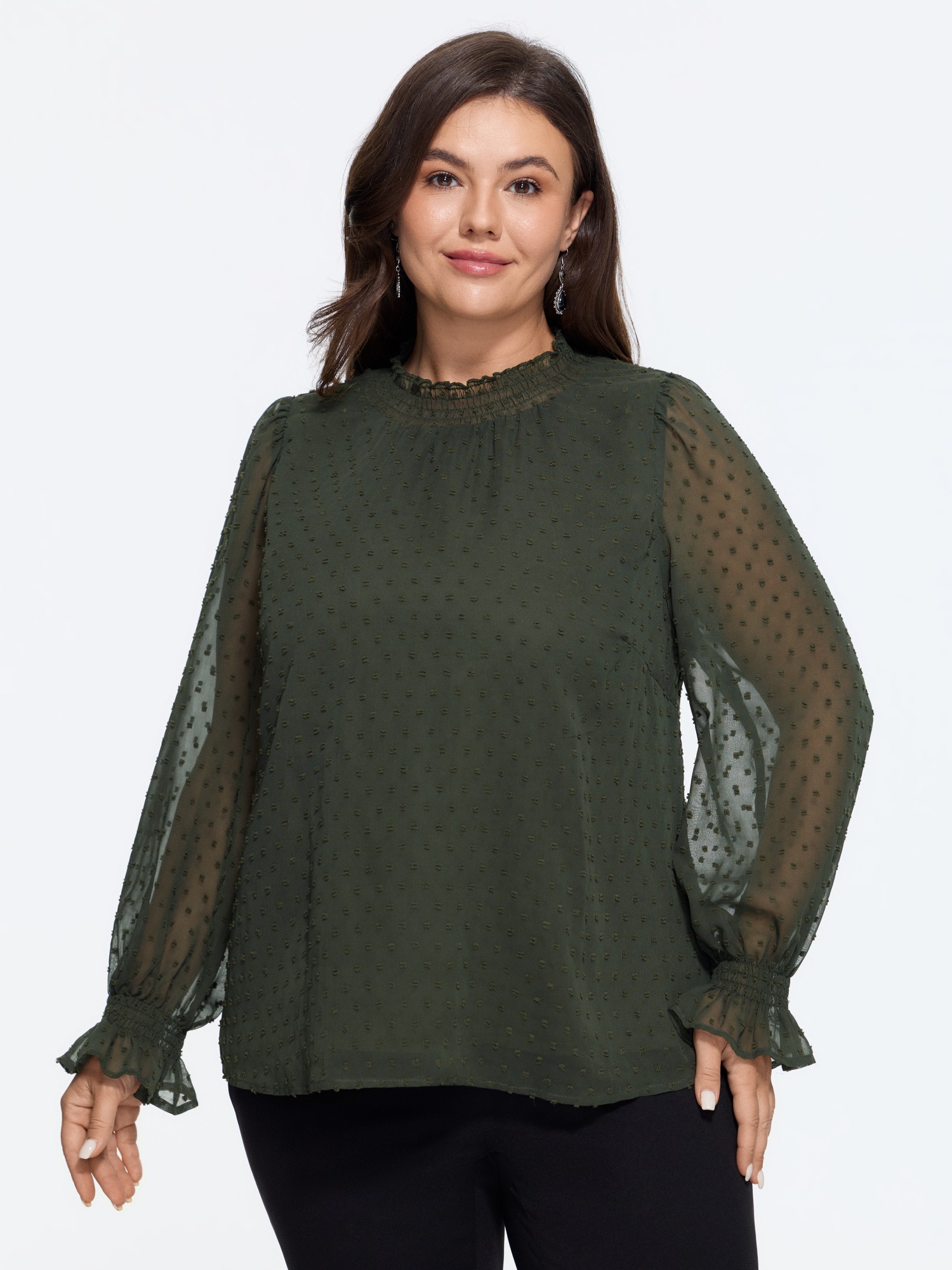 BloomChic Women's Plus Size Textured Sheer Ruffle Shirred Neck Blouse ArmyGreen Solid Everyday-Elegant Long Sleeve Mock Neck 10/M