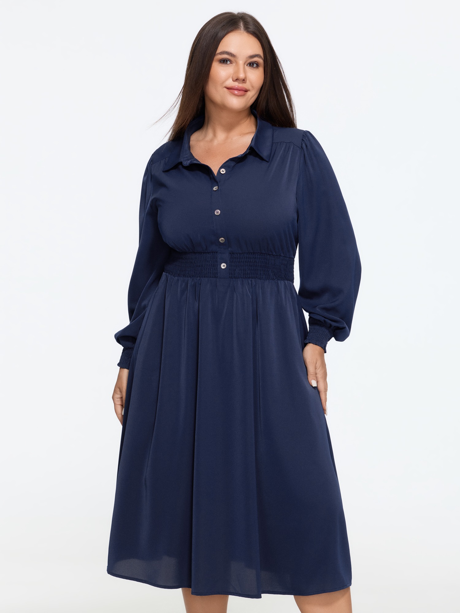 BloomChic Women's Plus Size Collared Shirred Waist Button Down Midi Dress DarkBlue Solid Midi Office Smocked 12/L