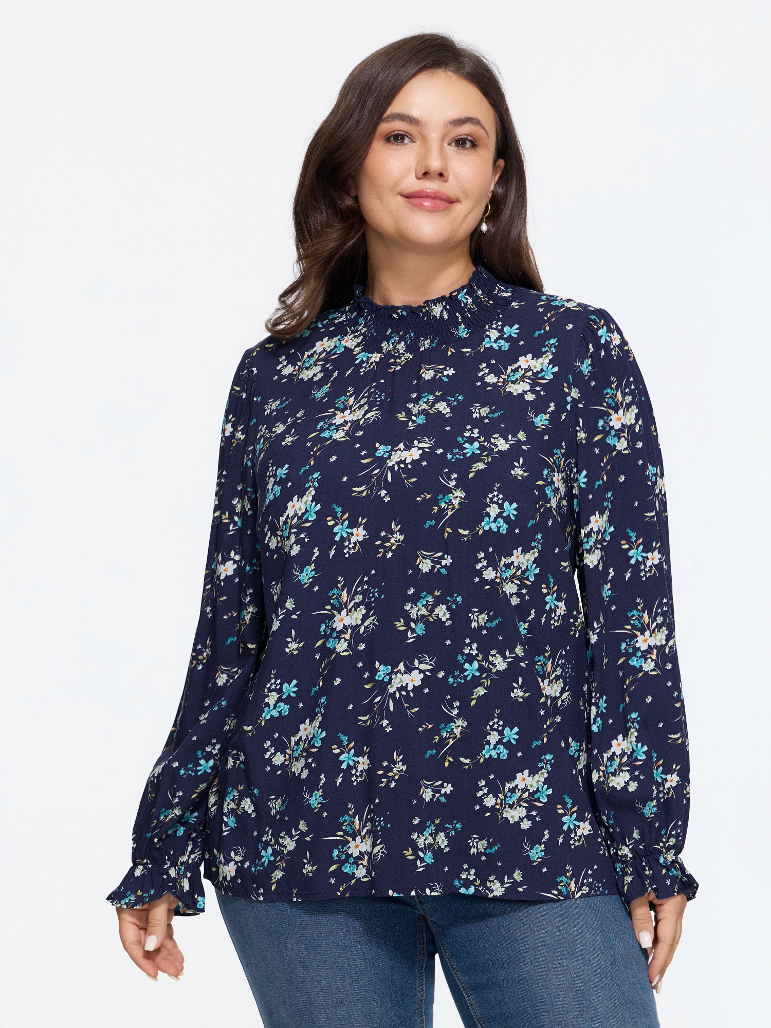 BloomChic Women's Plus Size Floral Print Shirred Mock Neck Long Sleeve Blouse Ocean Floral Everyday-Elegant Long Sleeve Turtleneck 22-24/3X