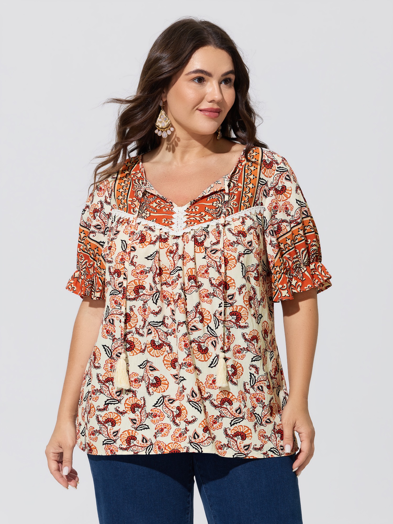BloomChic Women's Plus Size Boho Floral Print Neck Tassels Blouse Autumn Glaze Ethnic Floral Vacation Short sleeve Tie-Neck 10/M