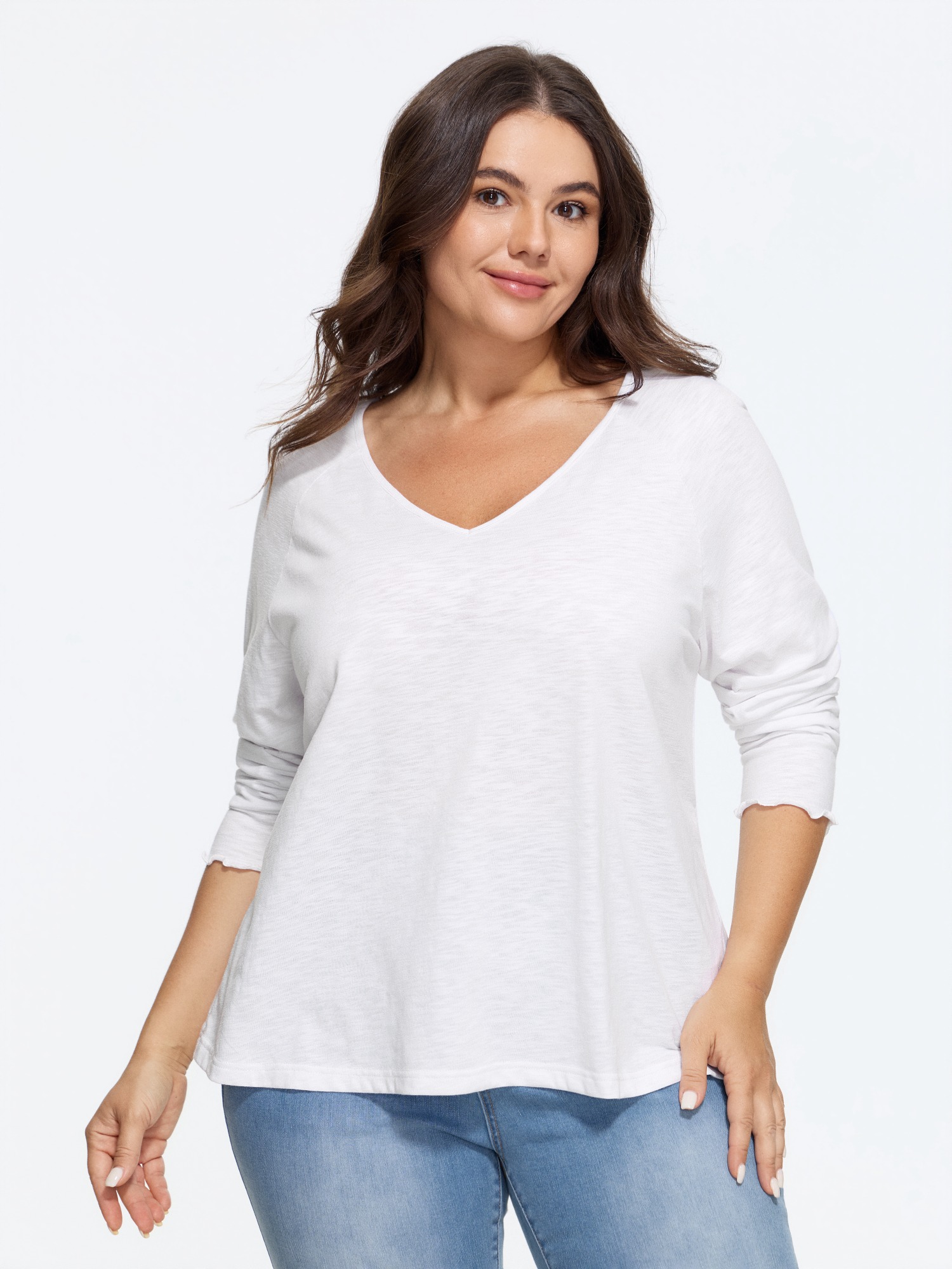 BloomChic Women's Plus Size Textured V‑Neck Raglan Long Sleeve Basic T-Shirt Brilliant White Solid Everyday-Casual Long Sleeve V-Neck 10/M