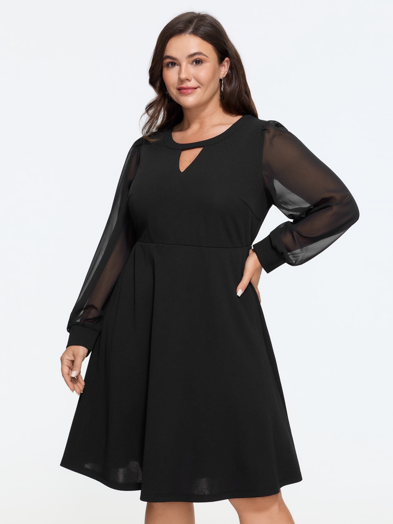 BloomChic Women's Plus Size Keyhole Neck Sheer Long Sleeve Mini Dress Black Solid Mini Everyday-Elegant Cut-Out 10/M