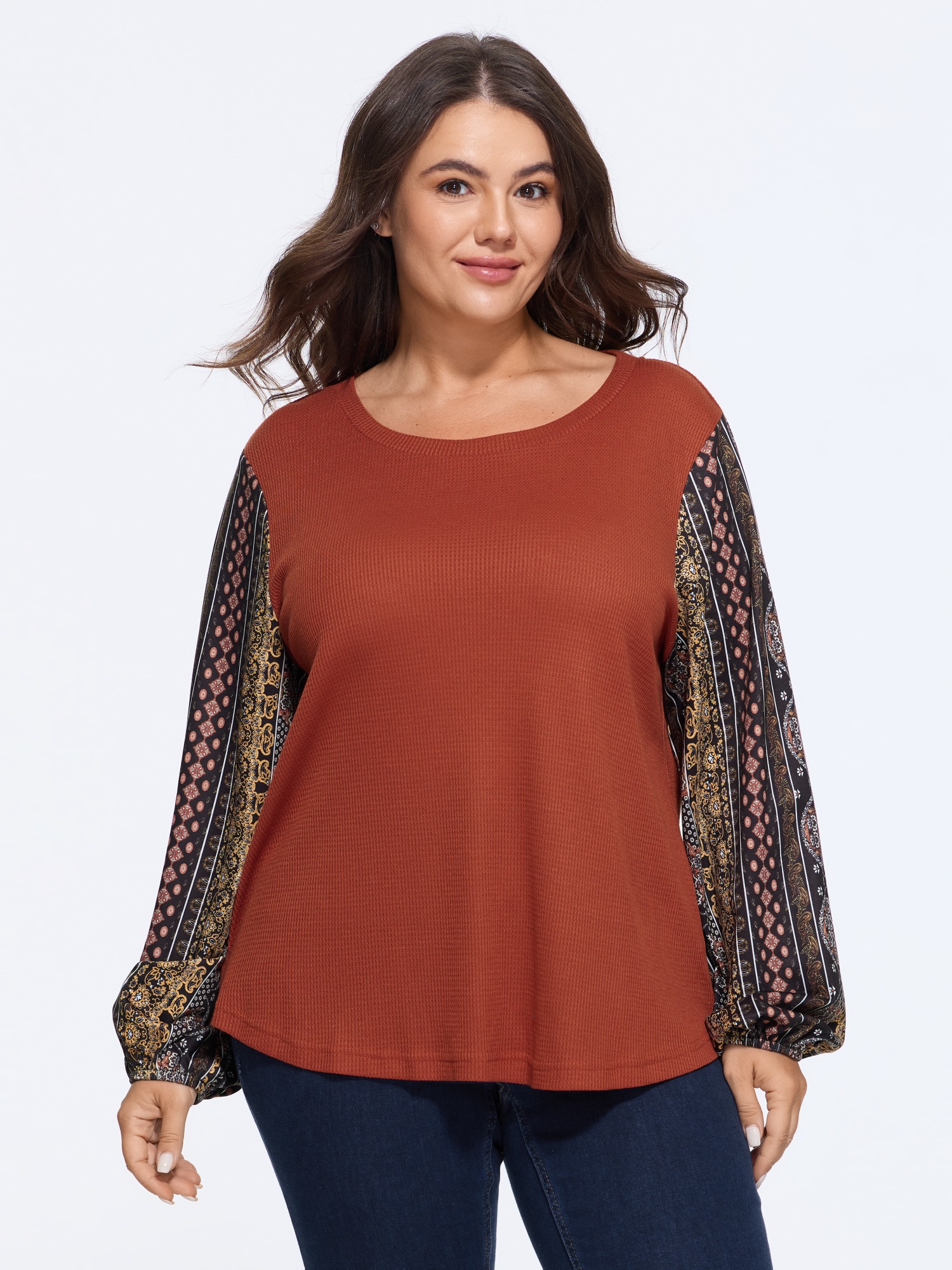 BloomChic Women's Plus Size Waffle Knit Patchwork Boho Print Long Sleeve Sweatshirt Rust Everyday-Casual Round Neck 12/L