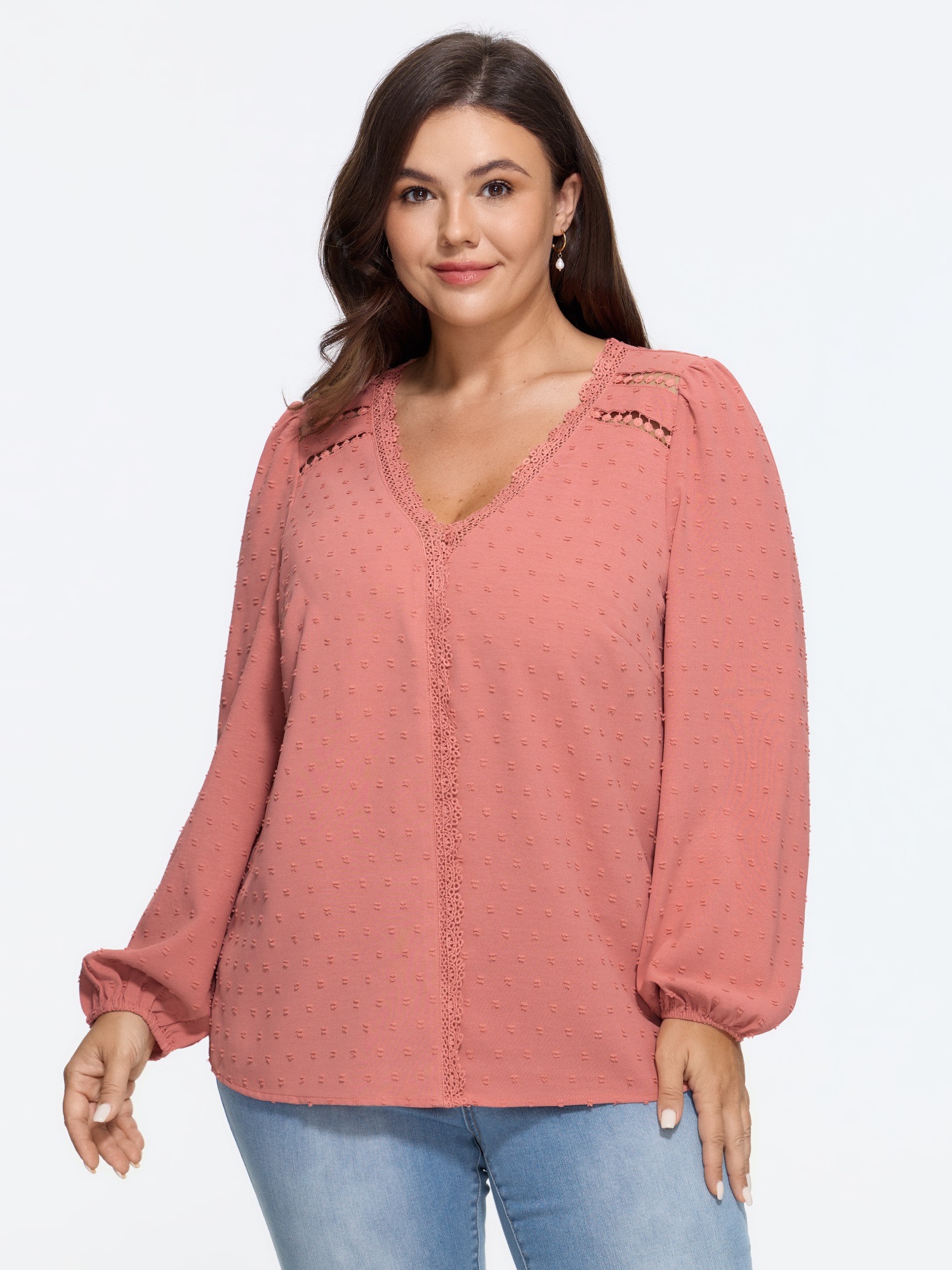 BloomChic Women's Plus Size Textured V Neck Lace Trim Blouse Rouge Solid Everyday-Elegant Long Sleeve V-Neck 10/M