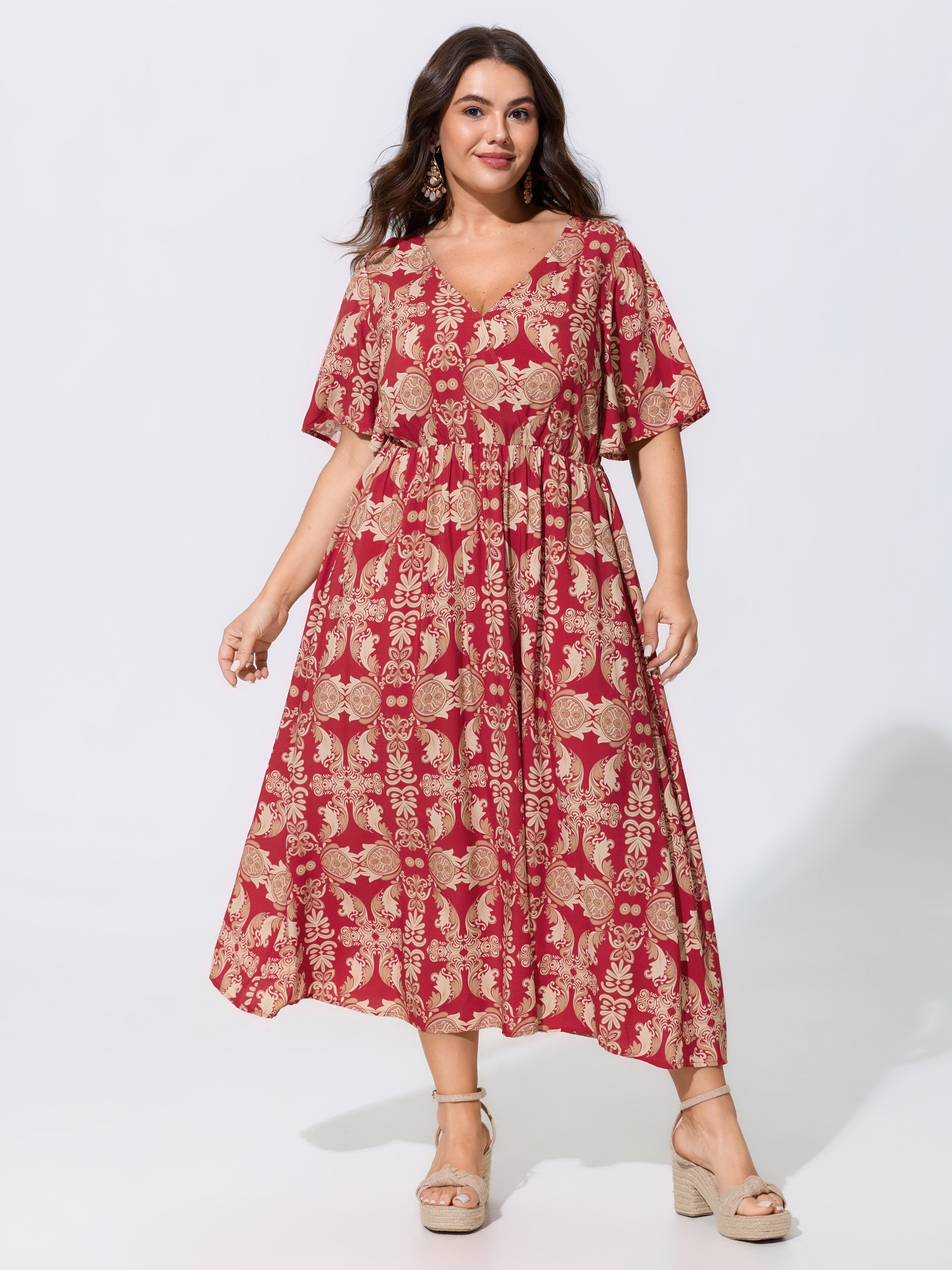 BloomChic Women's Plus Size Boho Print V Neck Midi Dress Scarlet Ethnic Floral Midi Vacation Wrap / Overlap 10/M