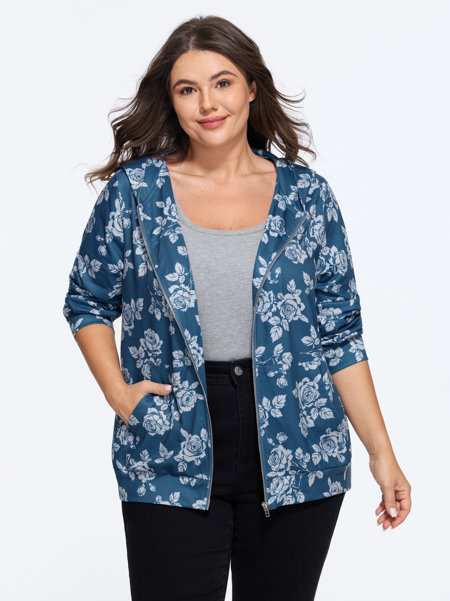 Floral Print Pocket Zipper Hoodie