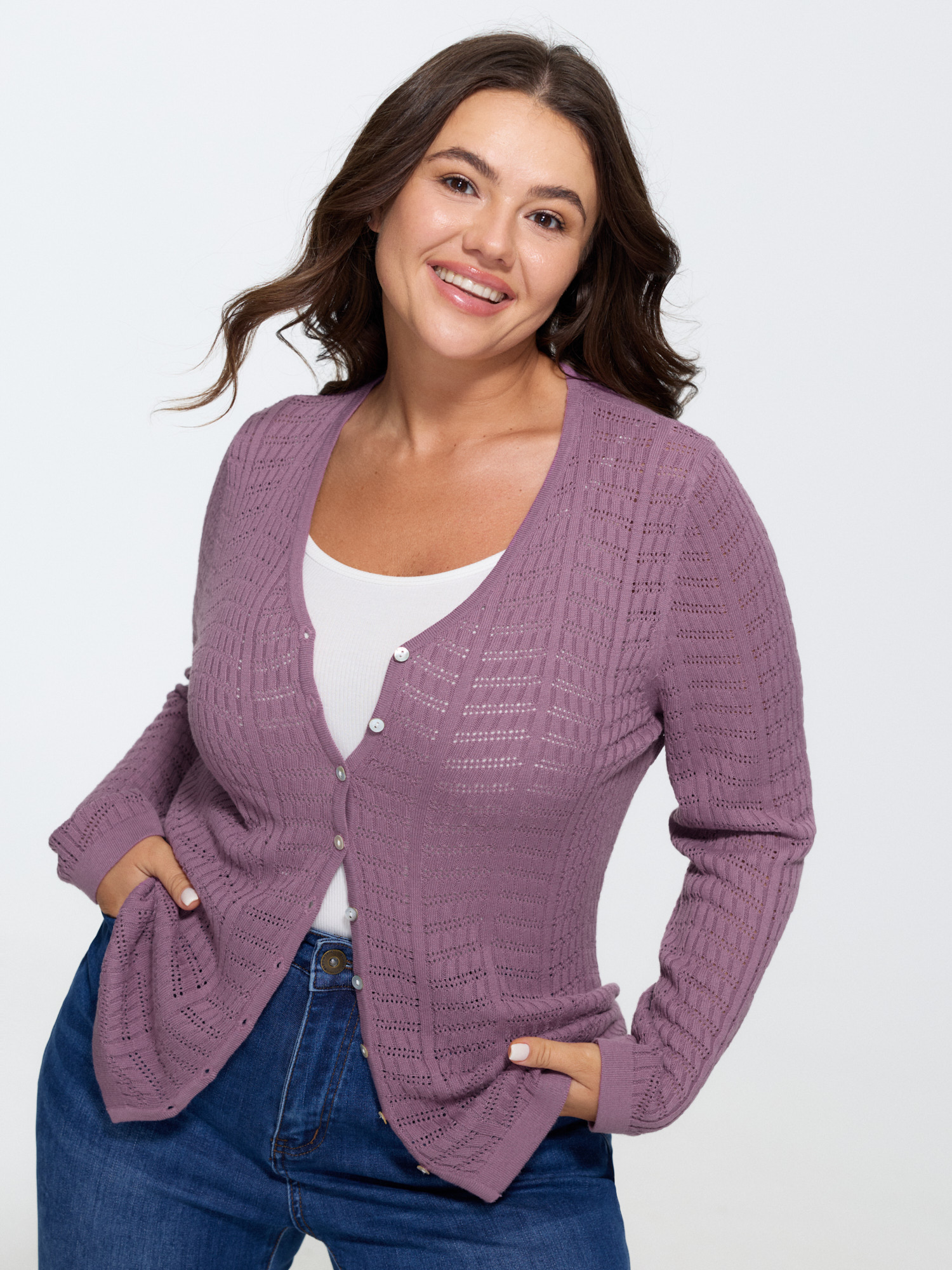 BloomChic Women's Plus Size Supersoft Breathable Button Front Cardigan Mauve Long Sleeve V-Neck 10/M