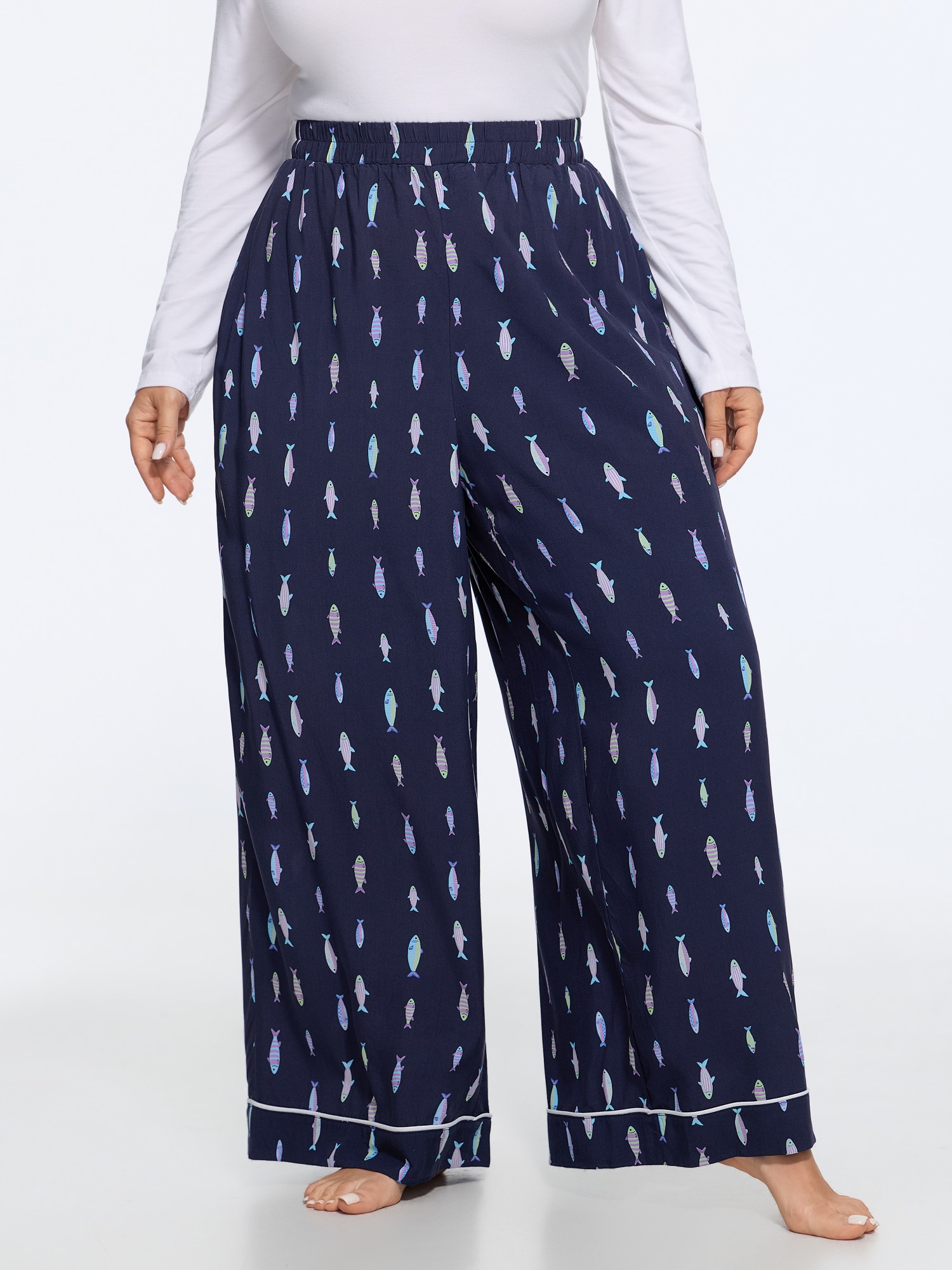 BloomChic Women's Plus Size Supersoft Fish Print Pocket Lounge Jumpsuit Navy 10/M