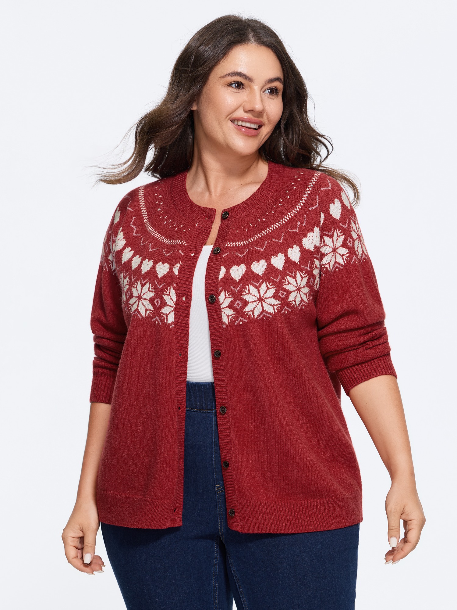 BloomChic Women's Plus Size Fair Isle Snowflake Button Front Cardigan Crimson Long Sleeve Round Neck 10/M