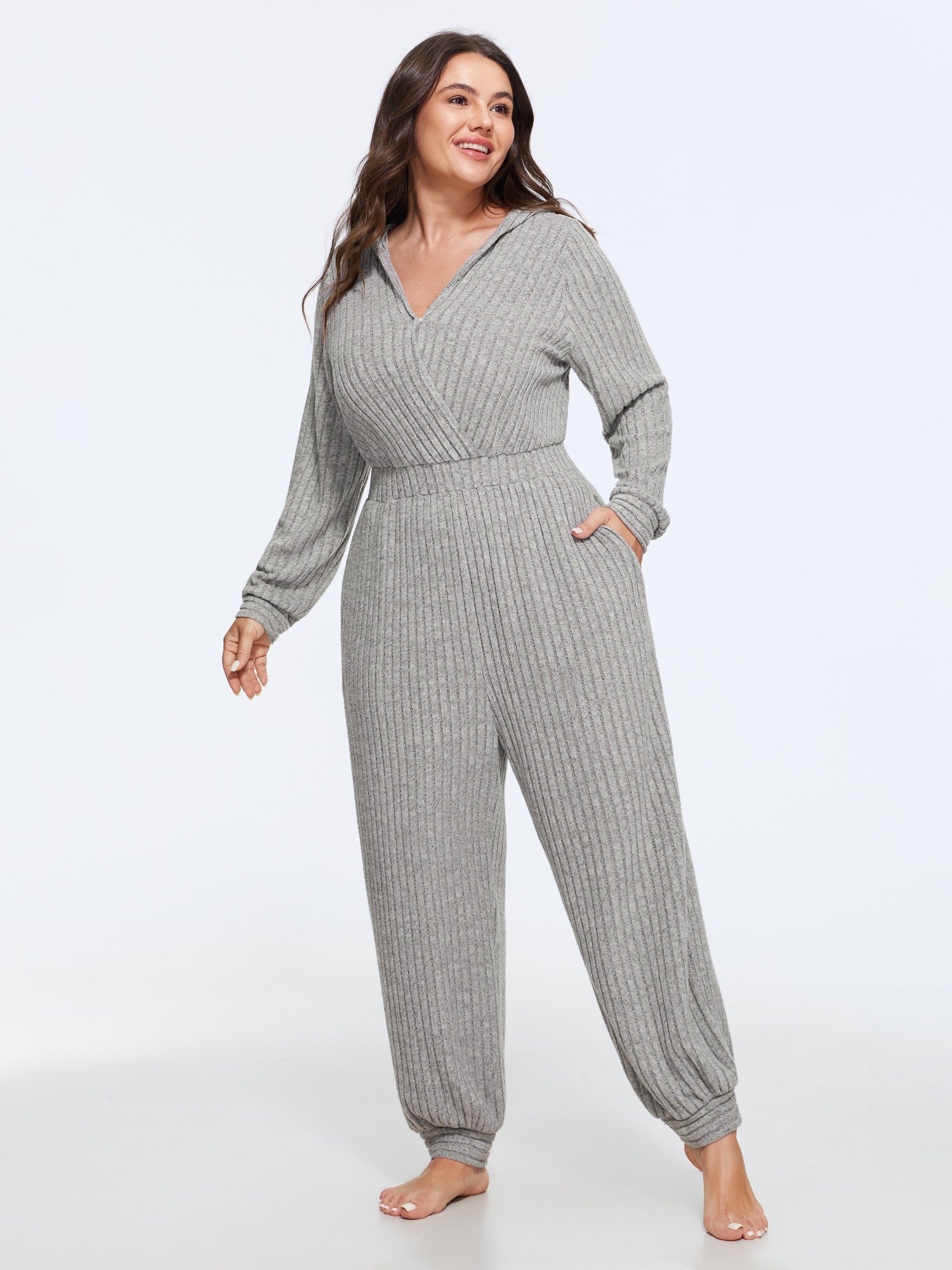 BloomChic Women's Plus Size Supersoft Ribbed Hooded Lounge Jumpsuit Silver not graphics 22-24/3X