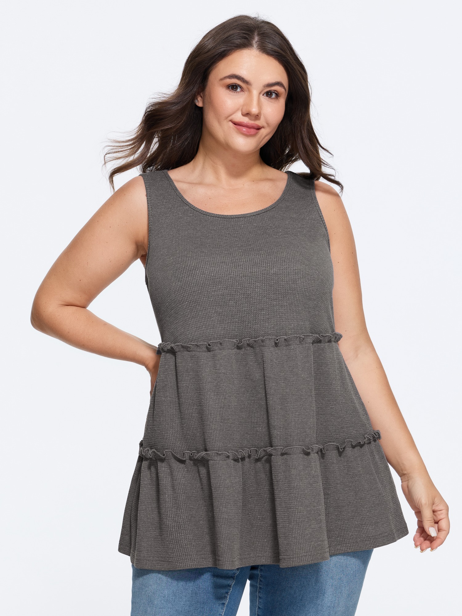 BloomChic Women's Plus Size Waffle Knit Tiered Ruffle Hem Tank Top DimGray Everyday-Casual A-line Round Neck 10/M