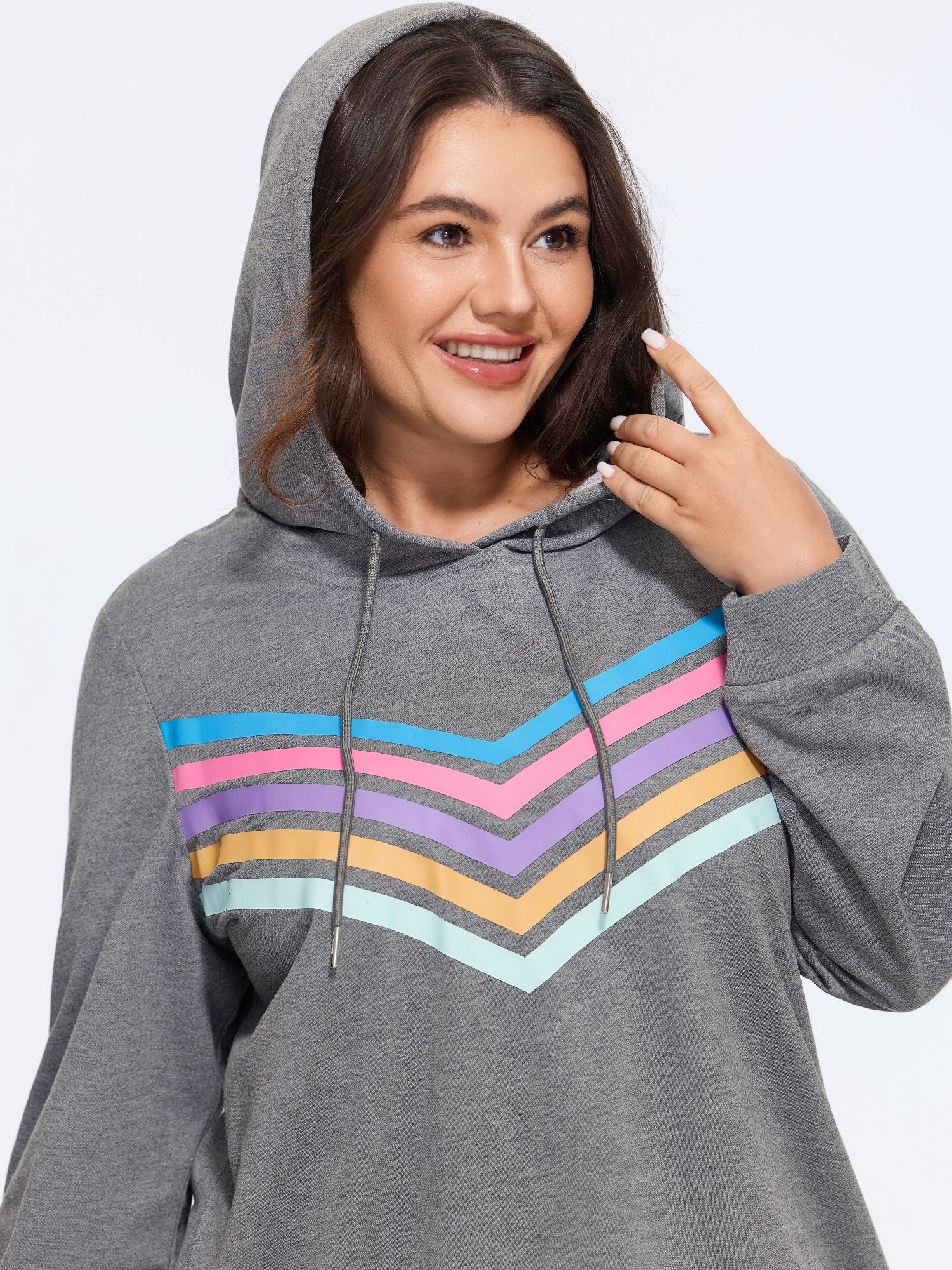 BloomChic Women's Plus Size Colorful V-Stripe Print Hooded Sweatshirt DimGray Everyday-Casual Hooded Neck 10/M