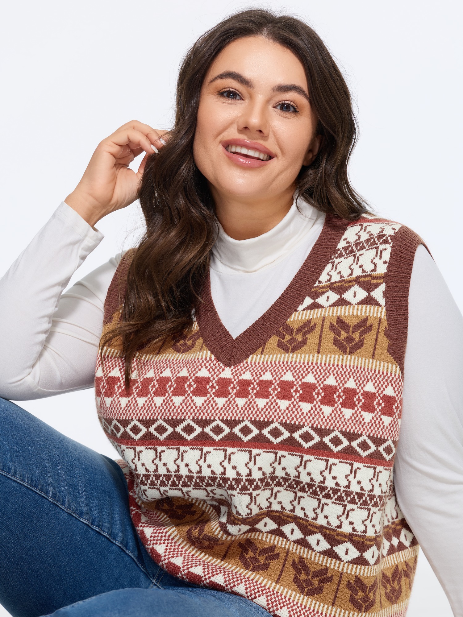BloomChic Retro Geometric Pattern Sweater Vest Women's Plus Size Women Multicolor V-Neck 10/M