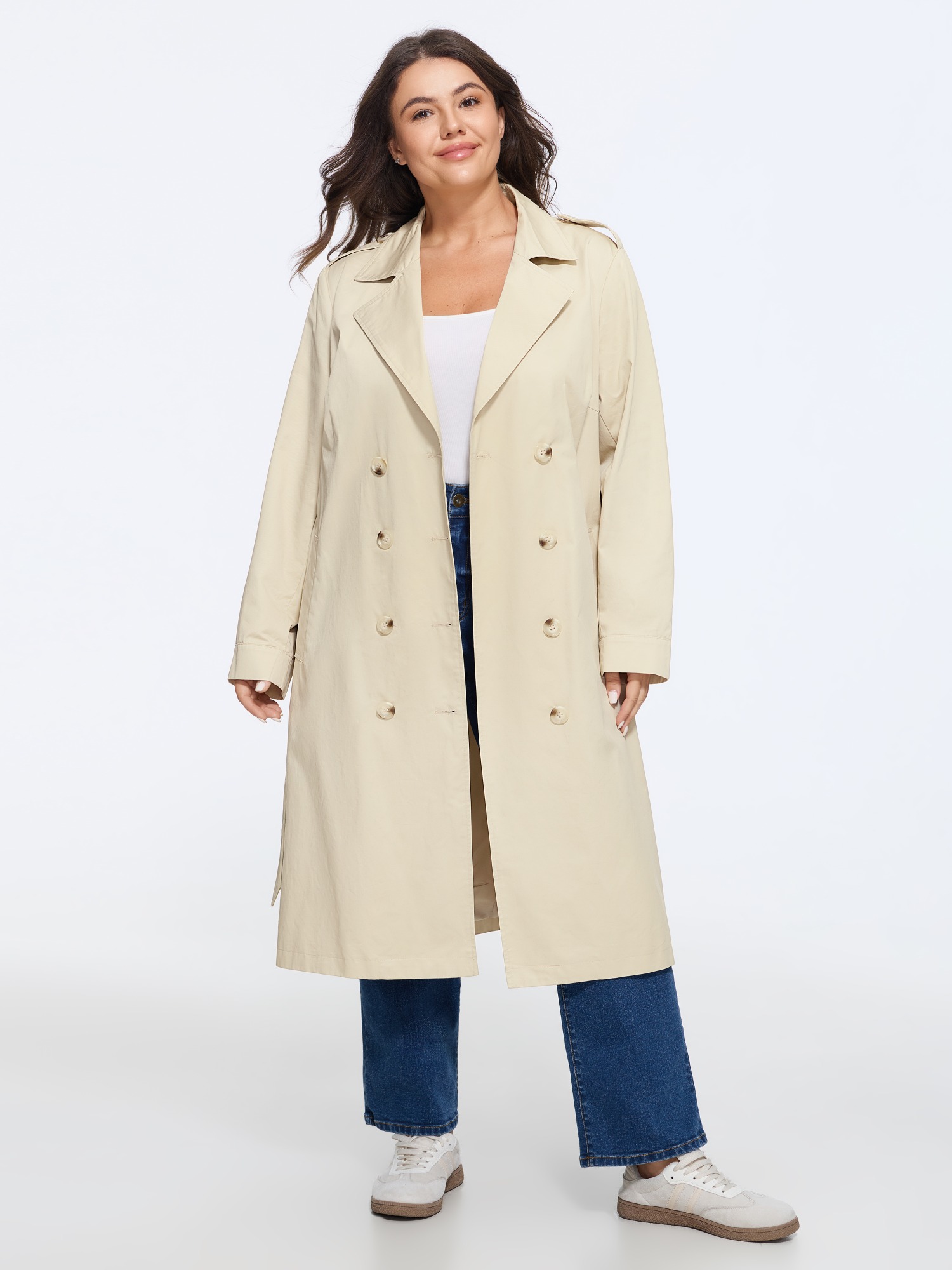 Women's Plus Size Double Breasted Belted Long Trench Coat Women Champagne Button Front Straight fit BloomChic 10/M