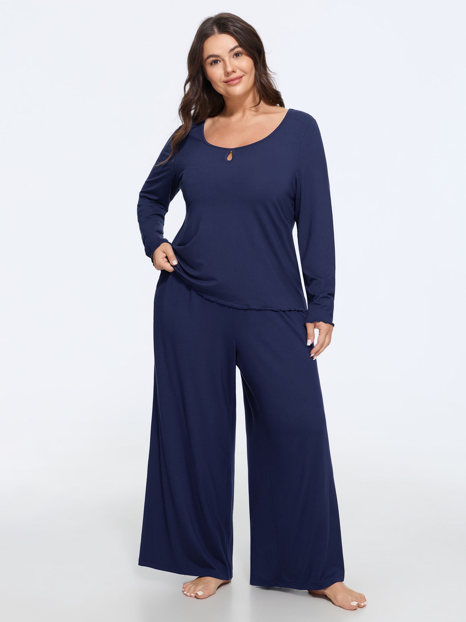BloomChic Women's Plus Size Supersoft Stretchy Keyhole Neck Loungewear Set Indigo Solid Long Sleeve Cut-Out 10/M