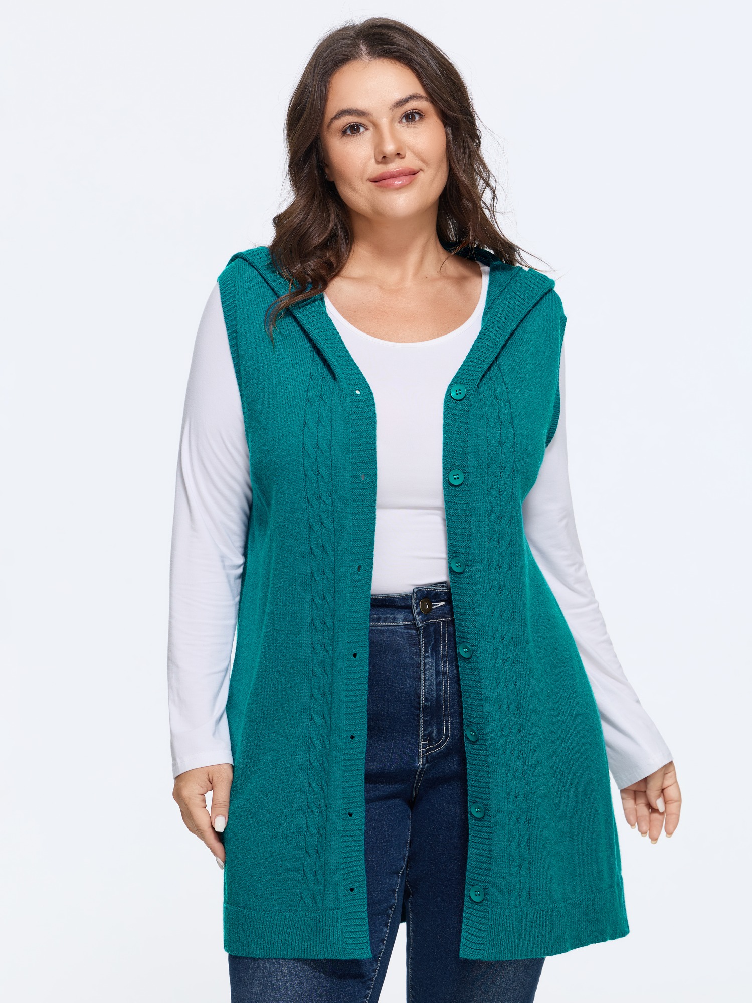 BloomChic Women's Plus Size Cable Knit Hooded Sleeveless Cardigan Emerald Long Sleeve Hooded Neck 10/M