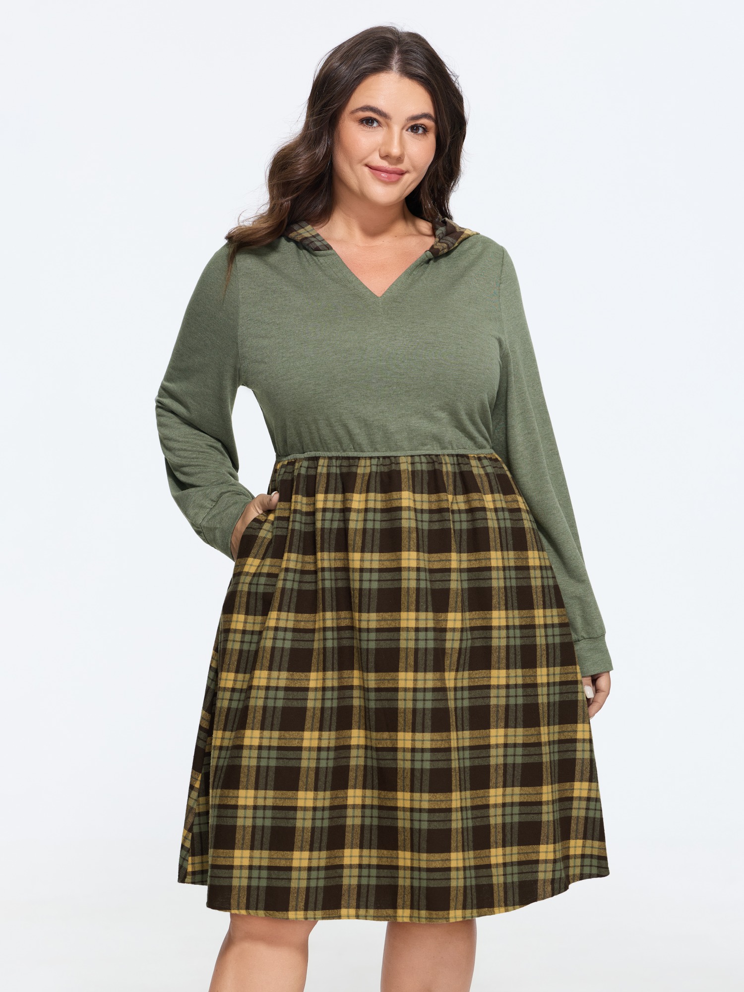 BloomChic Women's Plus Size Cotton Hooded Plaid Patchwork Midi Dress Moss Plaid Mini Everyday-Casual Patchwork 10/M