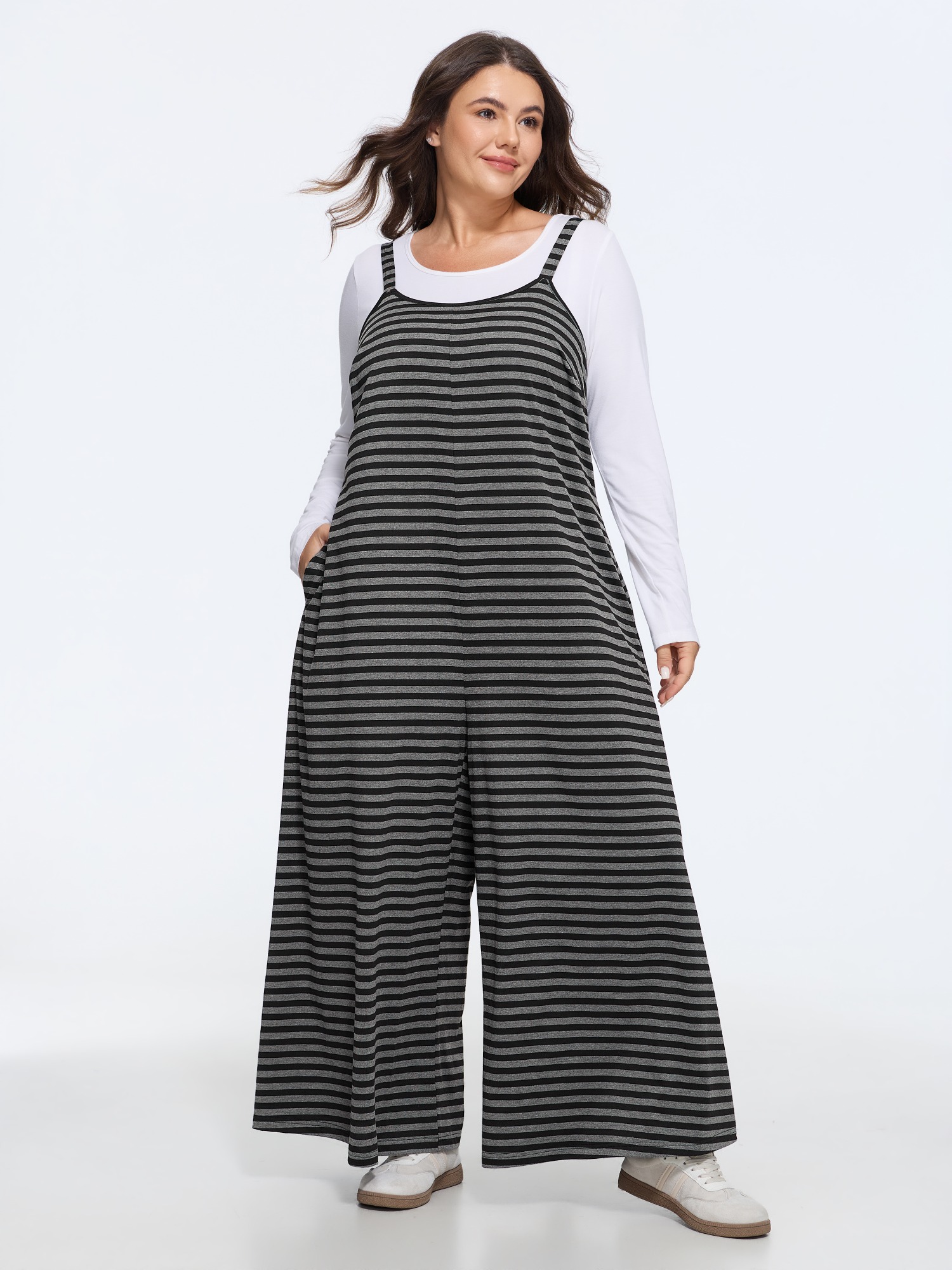 BloomChic Plus Size Striped Print Relaxed-Fit Cami Jumpsuit - Curve Women's DimGray Playsuit - Comfort Midsection Fit Side Pocket Wide leg Jumpsuits 14/M