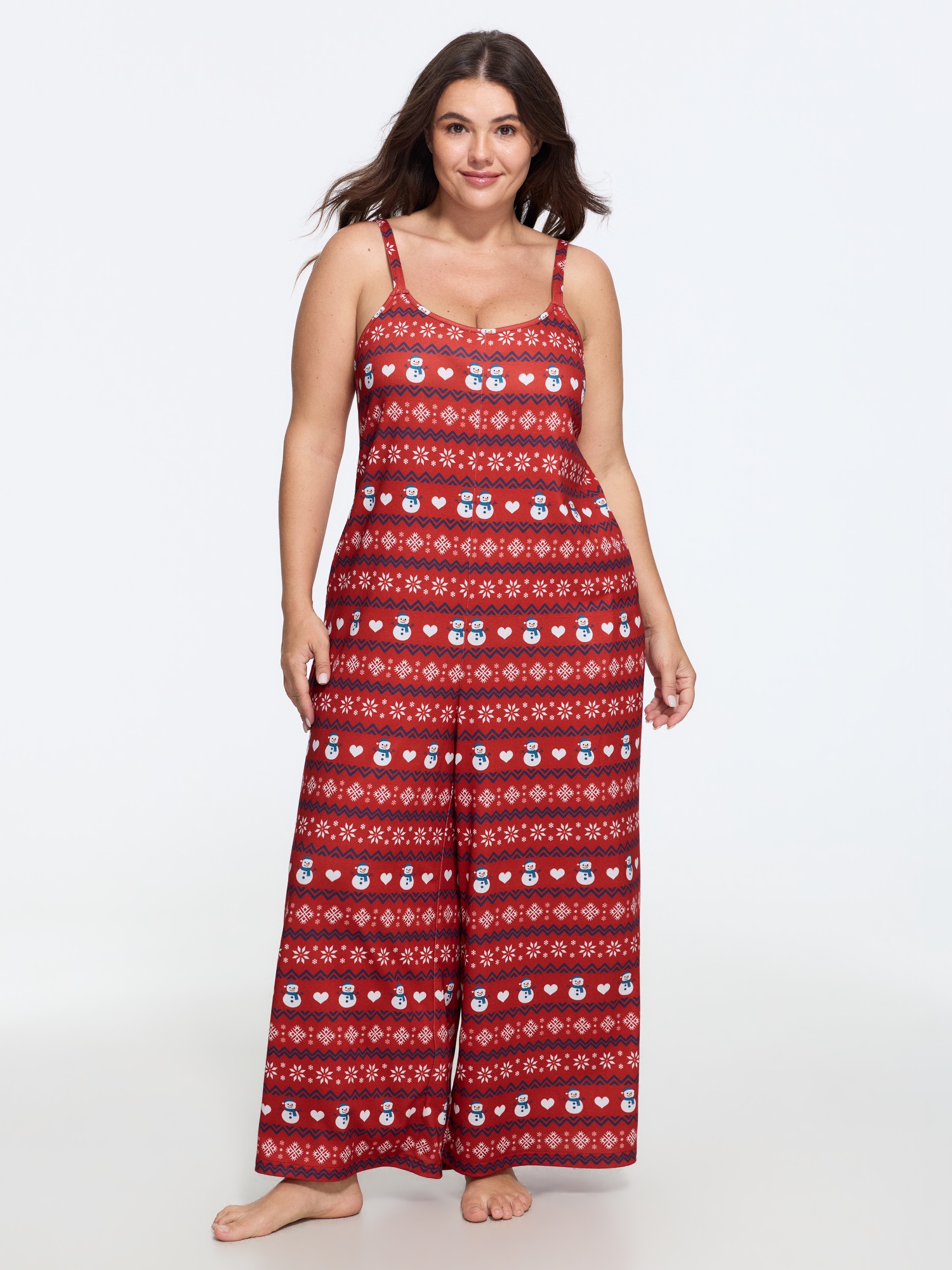 BloomChic Women's Plus Size Snowman Snowflake Pattern Sleeveless Pajama Jumpsuit Pompeiam Red Christmas Relaxed Fit U-Neck Pajama Jumpsuits 10/M