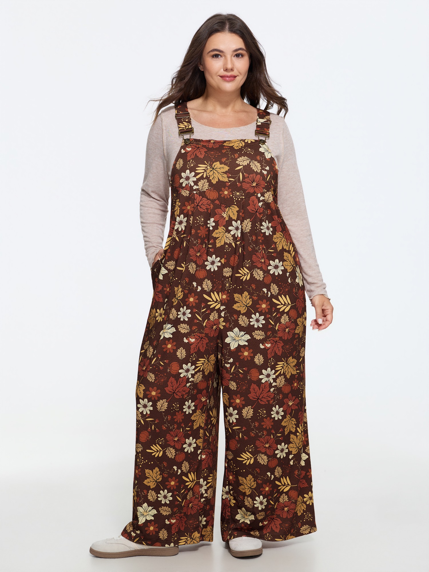 BloomChic Women's Plus Size Retro Fall Print Relaxed Fit Jumpsuit Root Beer Everyday-Casual 18-20/2X