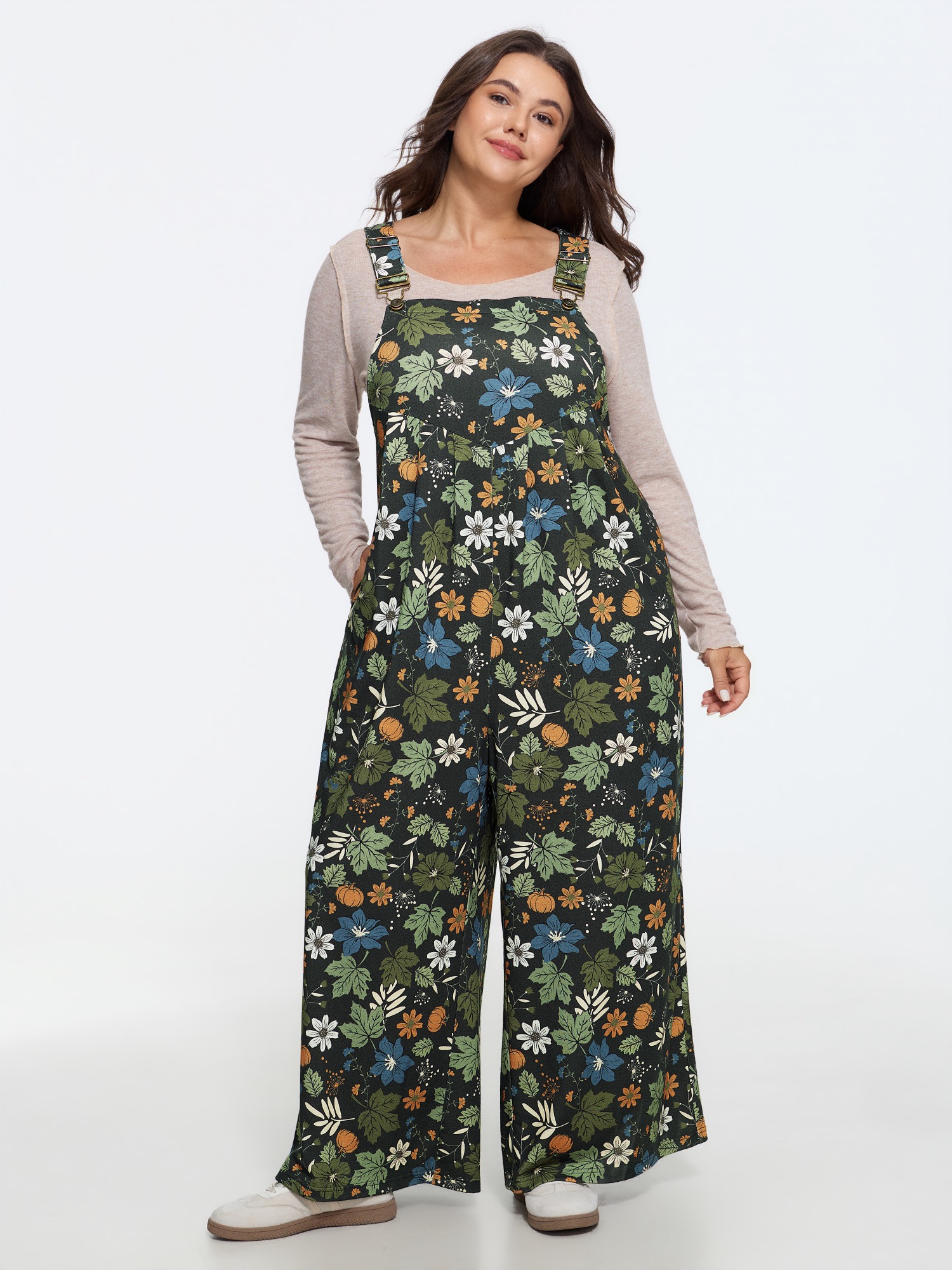 BloomChic Women's Plus Size Retro Fall Print Relaxed Fit Jumpsuit Rifle Green Everyday-Casual 10/M