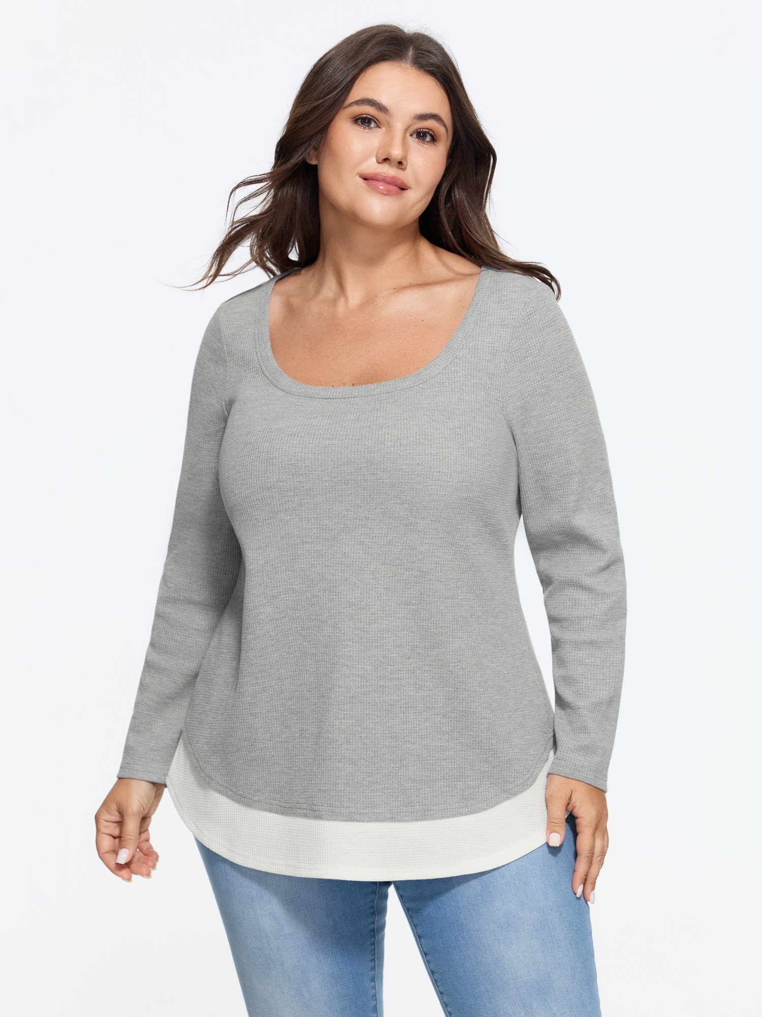 BloomChic Women's Plus Size Heather Square Neck Waffle Knit T-Shirt Mediumgray Color Block Everyday-Casual Long Sleeve U-Neck 10/M