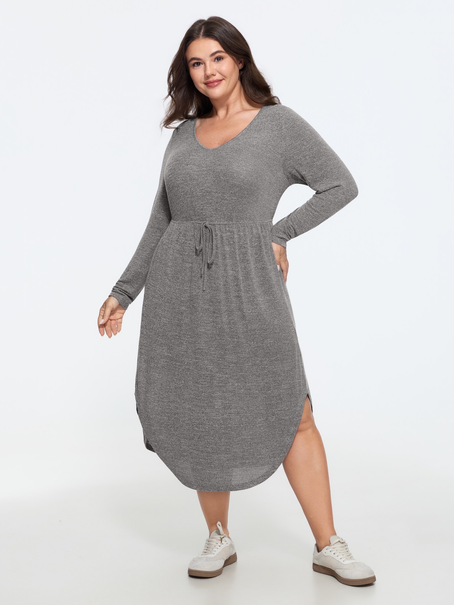 BloomChic Women's Plus Size Supersoft Drawstring Waist Curved Hem Midi Dress DimGray Solid Midi Everyday-Casual Bowknot 10/M