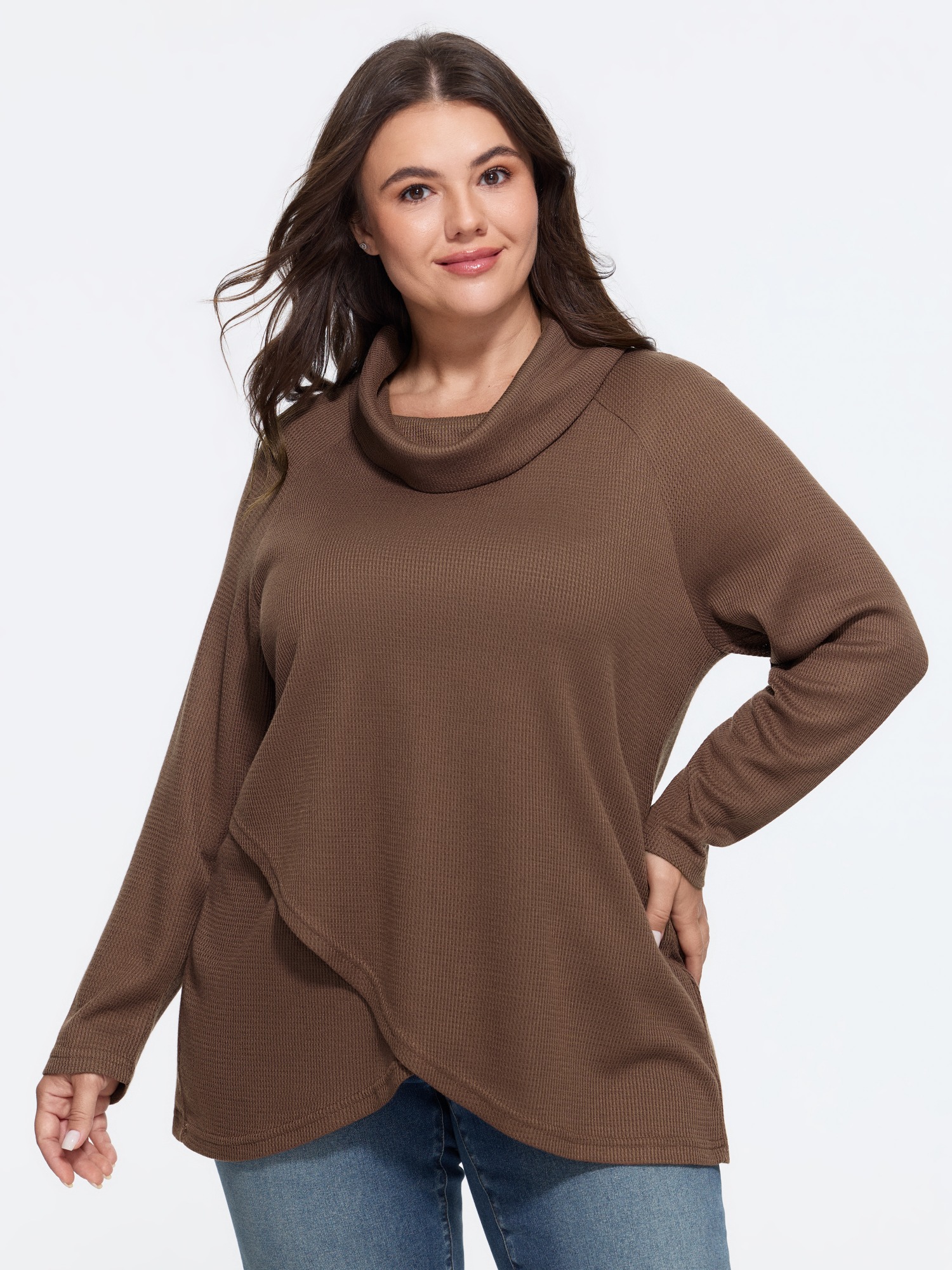 BloomChic Women's Plus Size Cowl Neck Asymmetric Hem Waffle Knit Top Acorn Long Sleeve Everyday-Casual Funnel Neck 10/M
