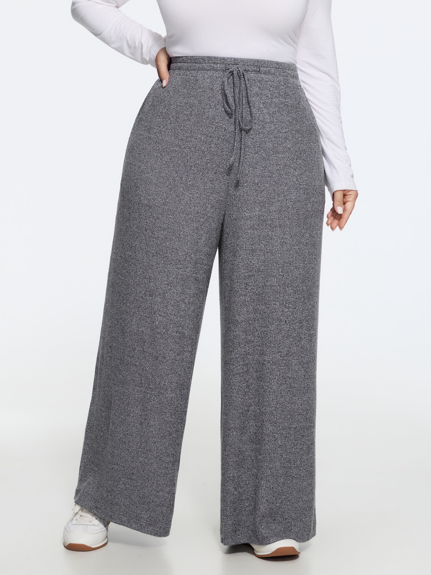 BloomChic Women's Plus Size Supersoft Heather Drawstring Waist Wide Leg Pants DimGray Stripes Wide leg Mid Rise Everyday-Casual 10/M