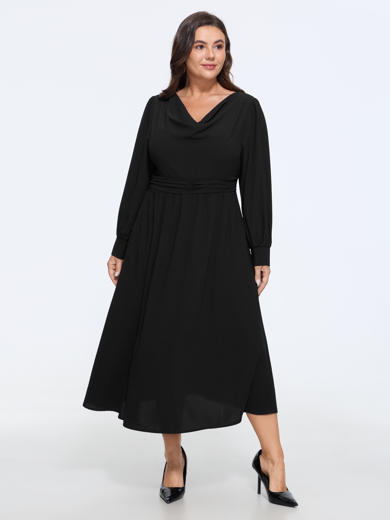 BloomChic Women's Plus Size Cowl Neck Ruched Waist Midi Dress Black Solid Midi Everyday-Elegant Wrap / Overlap 10/M