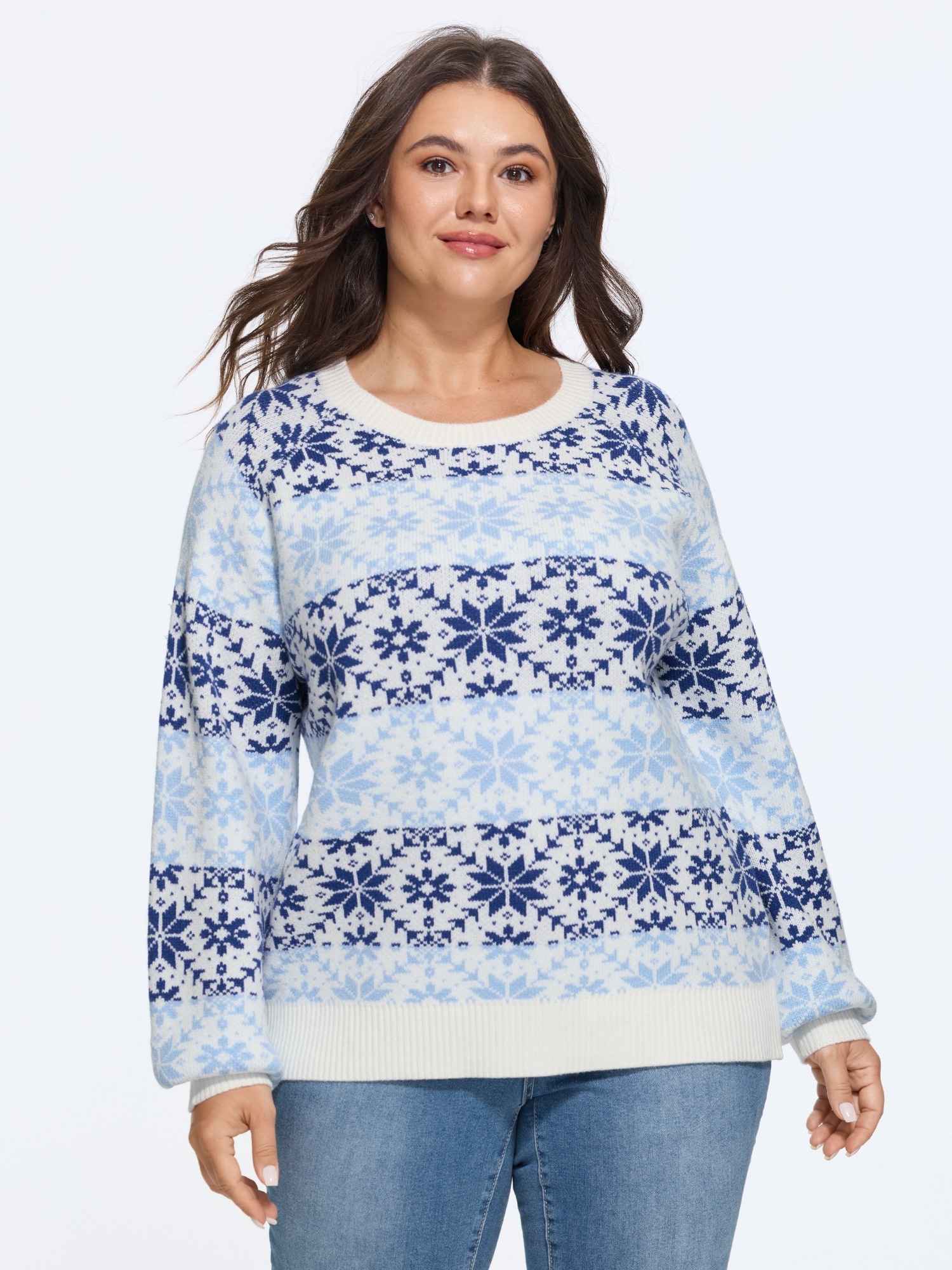 BloomChic Women's Plus Size Color Block Snowflake Pattern Round Neck Pullover Originalwhite Long Sleeve Round Neck 10/M