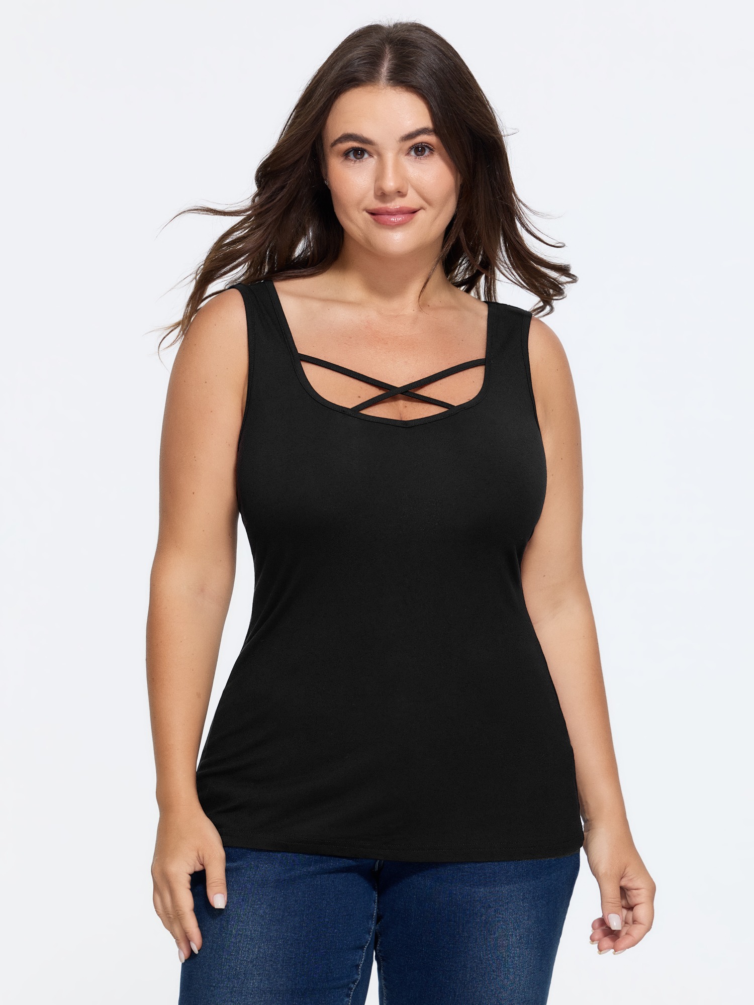 BloomChic Women's Plus Size Supersoft Crisscross Cutout Square Neck Tank Top Black Everyday-Casual Fitted Sheath Sweetheart Neck 22-24/3X