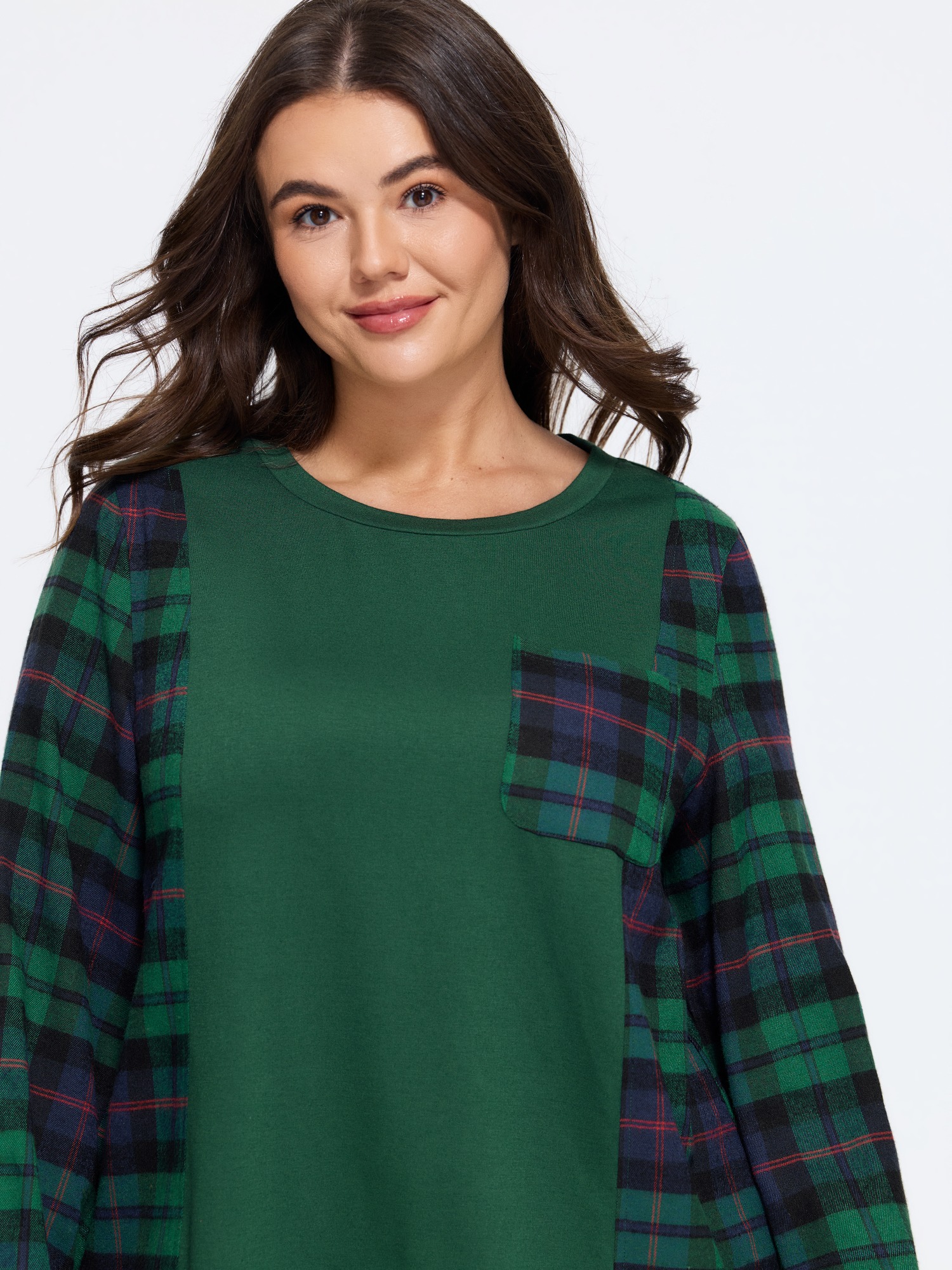 BloomChic Women's Plus Size Crew Neck Plaid Patchwork Pocket Sweatshirt DarkSlateGray Everyday-Casual Round Neck 12/L