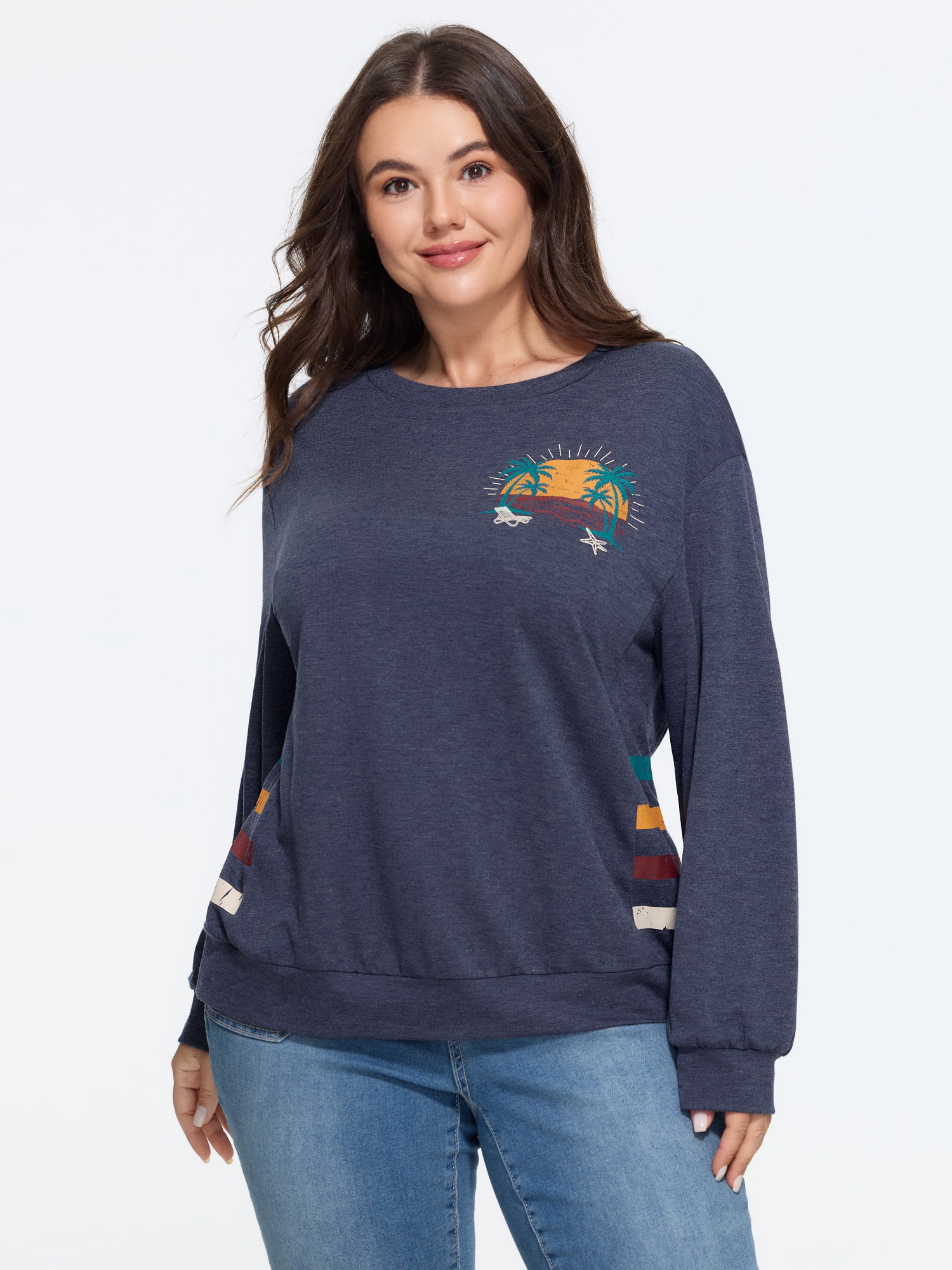 BloomChic Women's Plus Size Heather Sunset Palm Tree Print Sweatshirt Indigo Island / Beach Everyday-Casual Round Neck 10/M