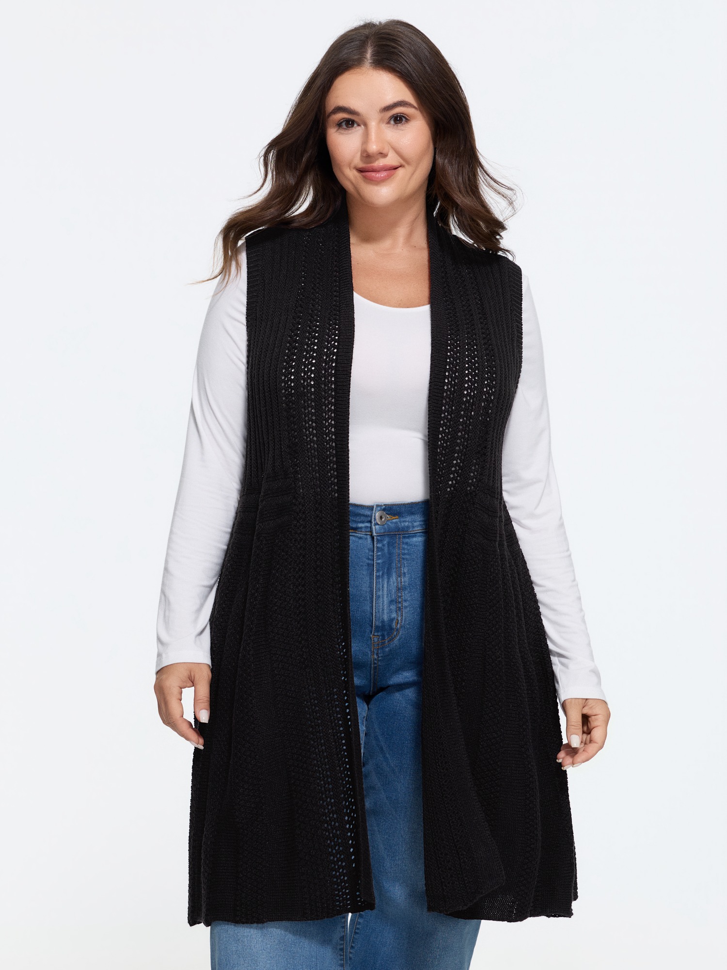 BloomChic Women's Plus Size Hollow Out Open Front Sleeveless Cardigan Black Sleeveless Wide Lapel 10/M