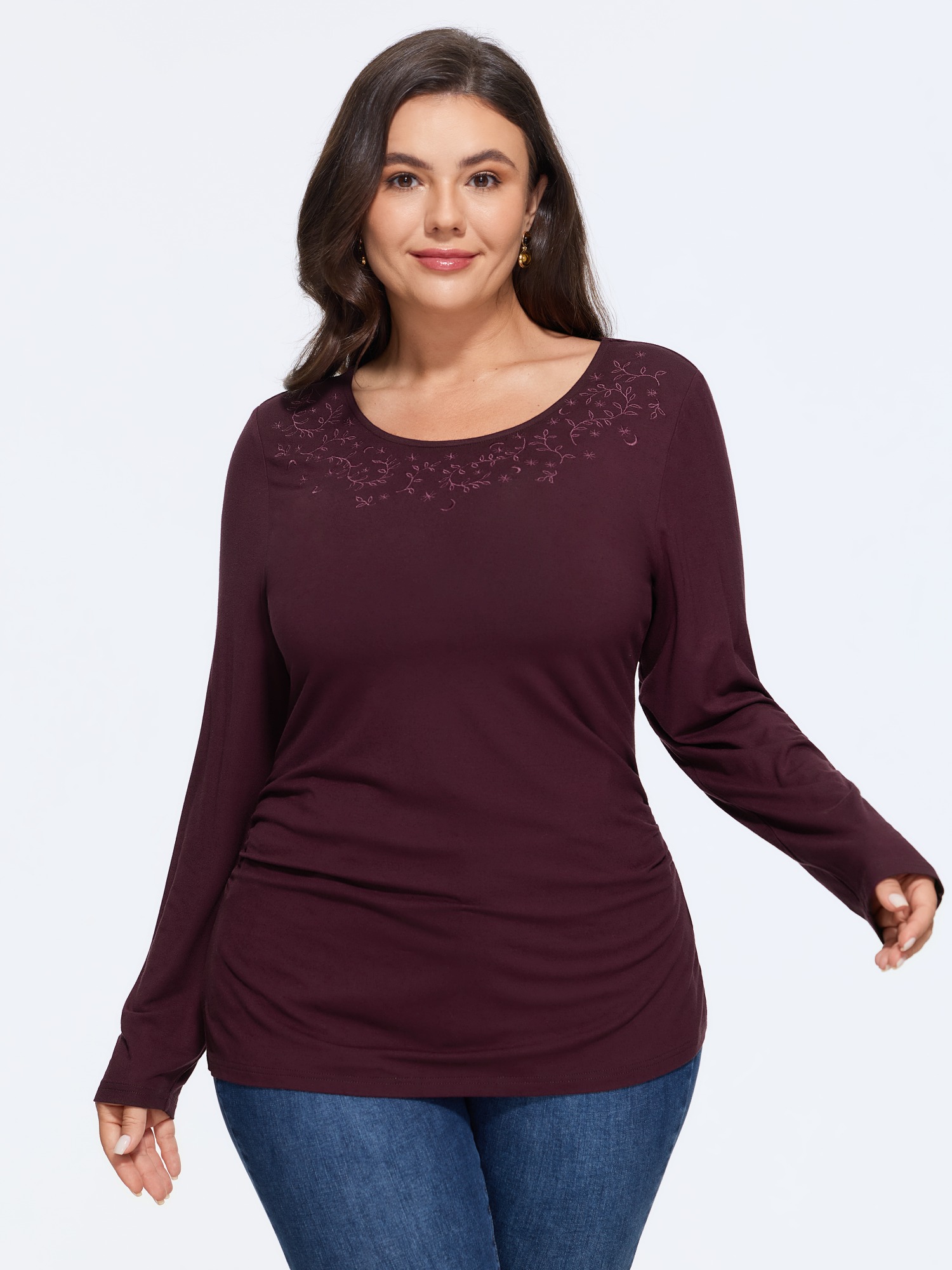 BloomChic Women's Plus Size Round Neck Embroidered Ruched Side T-Shirt Madder Brown Solid Everyday-Elegant Long Sleeve Round Neck 10/M