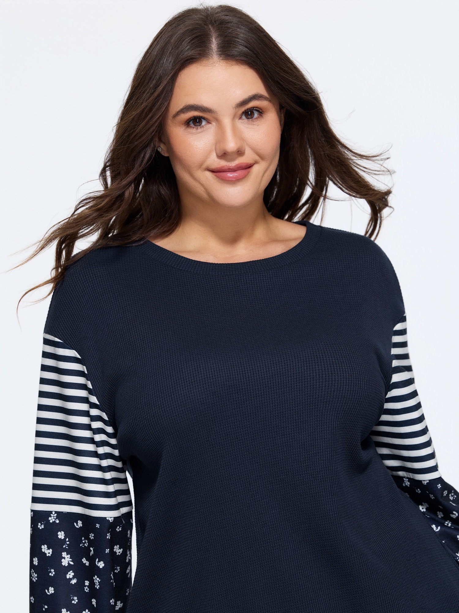 BloomChic Women's Plus Size Striped Floral Patchwork Long Sleeve Waffle Knit Sweatshirt Indigo Everyday-Casual Round Neck 10/M