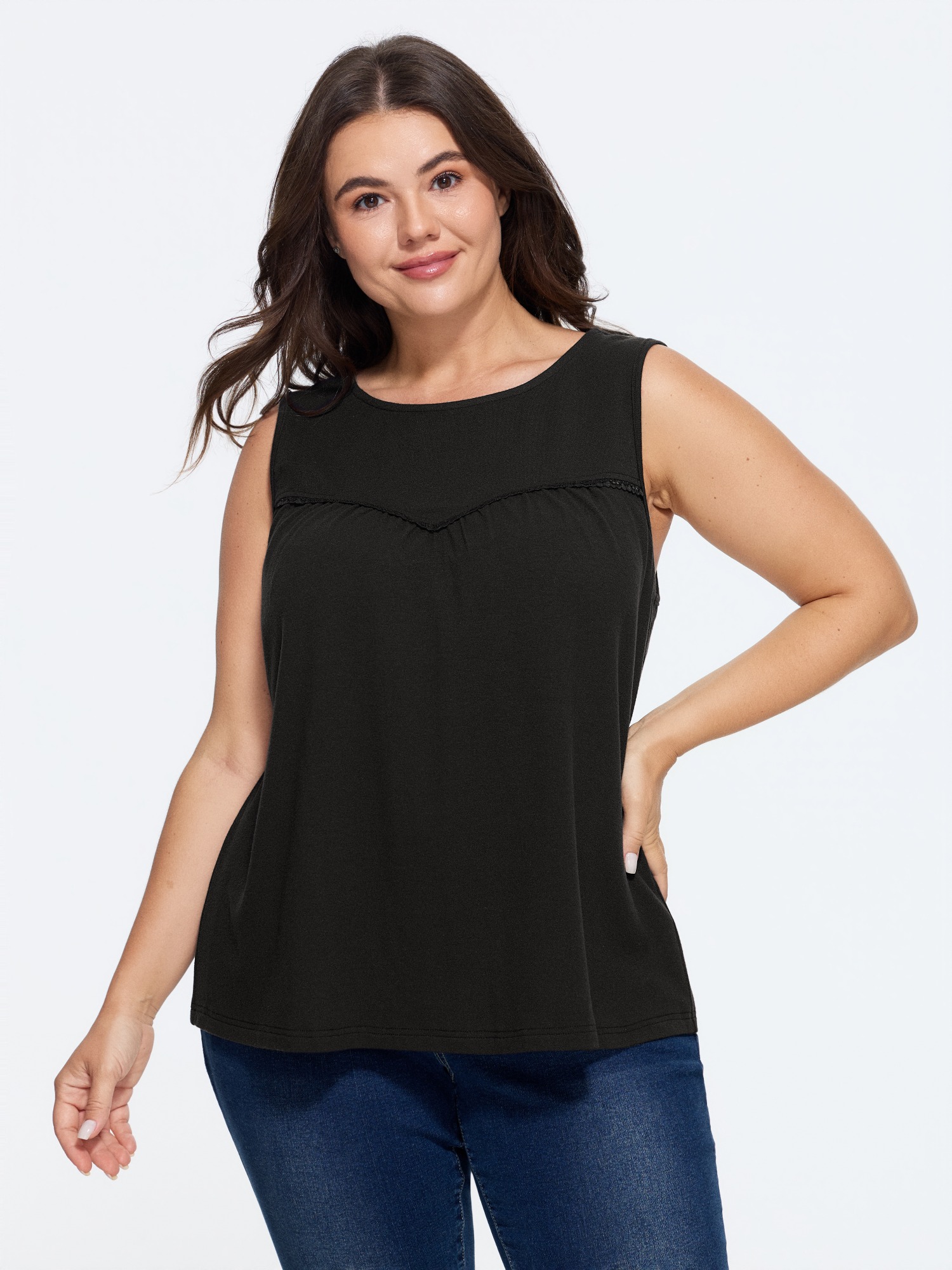 BloomChic Women's Plus Size Supersoft Round Neck Lace Detail Tank Top Black Everyday-Casual A-line Round Neck 10/M