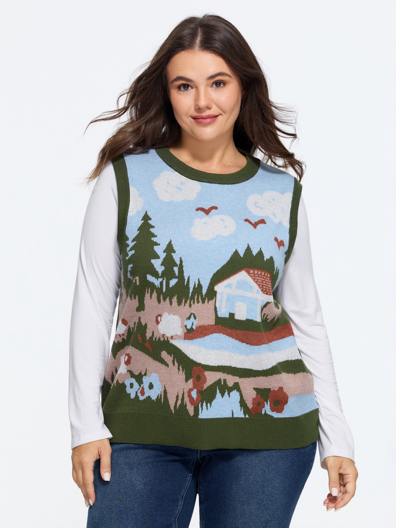 BloomChic Supersoft Landscape Pattern Sweater Vest Women's Plus Size Women LightBlue Round Neck 10/M