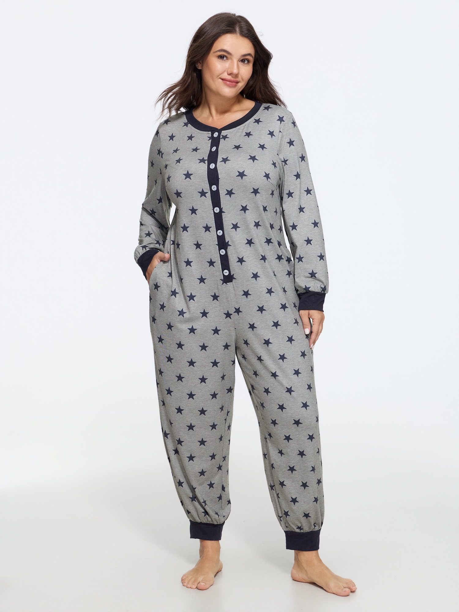 BloomChic Women's Plus Size Star Print Button Front Lounge Jumpsuit Mediumgray Length 14-16/1X