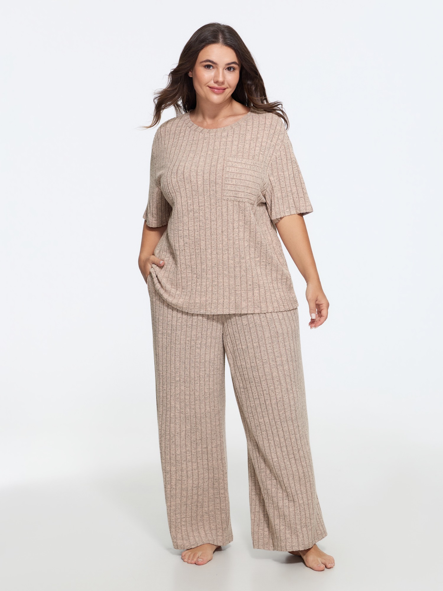BloomChic Women's Plus Size Supersoft Pocket Ribbed Loungewear Set Zephyr Solid Short sleeve Non 10/M