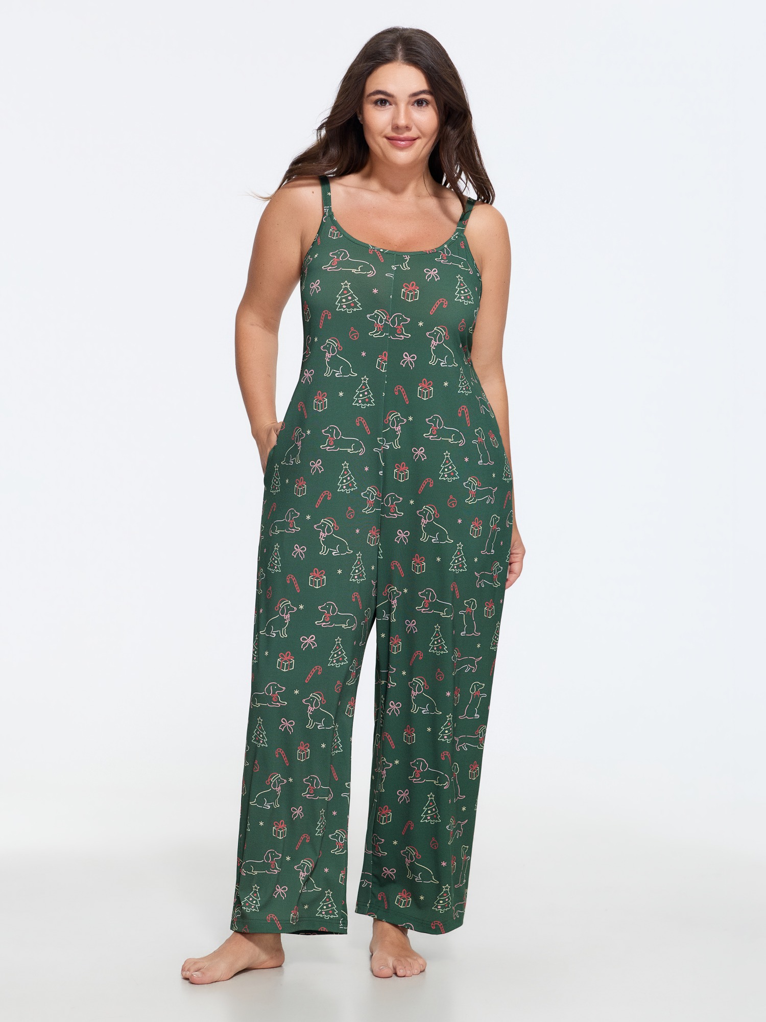 BloomChic Women's Plus Size Christmas Dog Print Cami Pajama Jumpsuit Multicolor Christmas Round Neck Pajama Jumpsuits 10/M