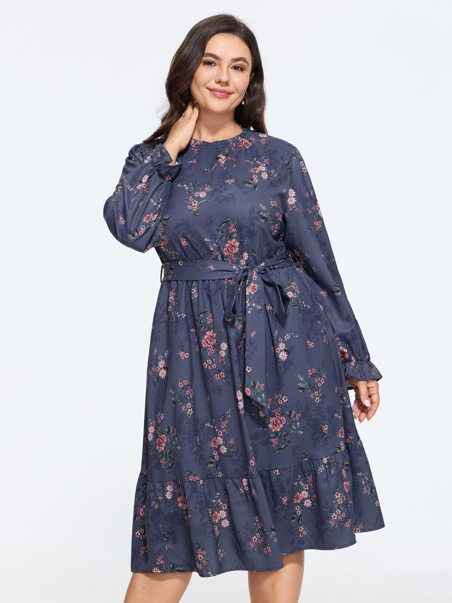 BloomChic Women's Plus Size Floral Print Shirred Mock Neck Midi Dress Mauve Floral cropped Everyday-Elegant 10/M