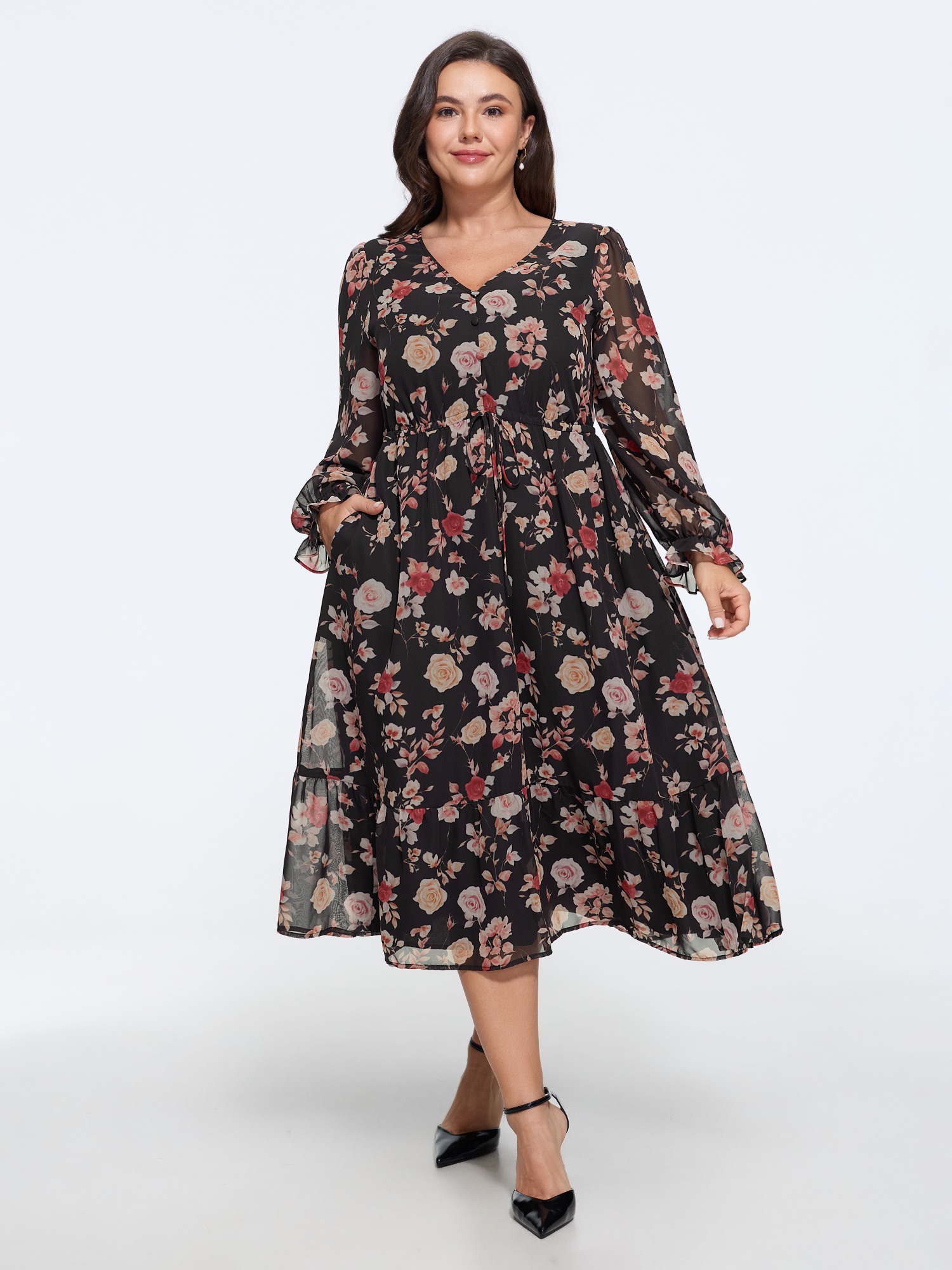 BloomChic Women's Plus Size Floral Print Drawstring Waist Midi Dress Black Floral Tunic Elegant Smocked 22-24/3X