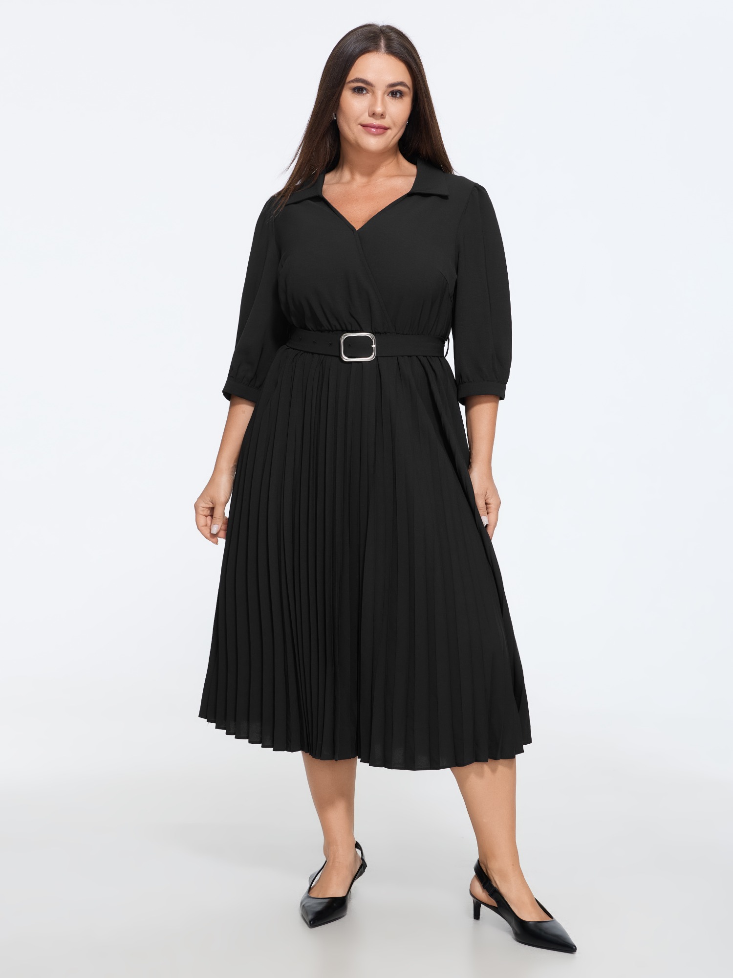 BloomChic Women's Plus Size Wrap Neck Pleated Belted Midi Dress Black Solid Midi Office Wrap / Overlap 10/M