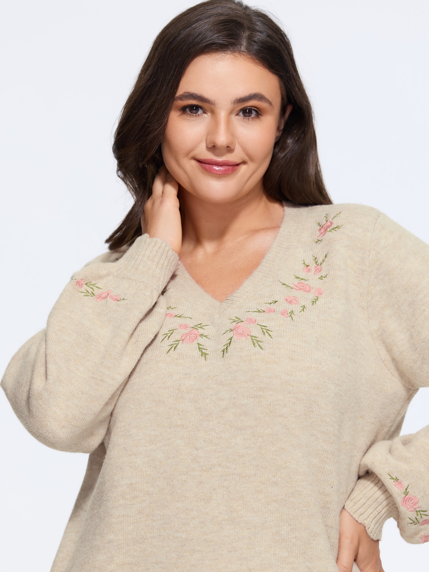 BloomChic Women's Plus Size Floral Embroidered V Neck Long Sleeve Pullover White Swan Long Sleeve V-Neck 10/M