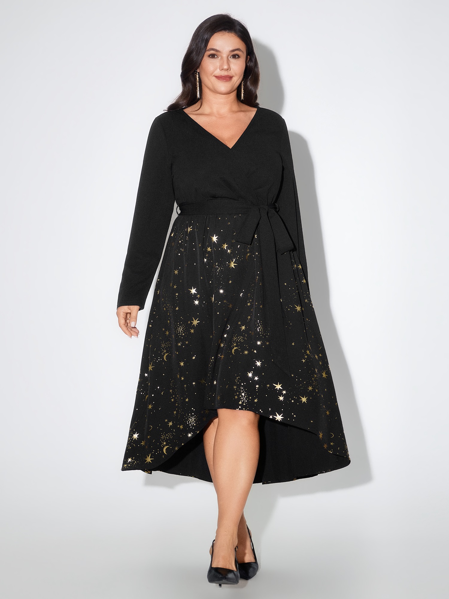 BloomChic Women's Plus Size Glitter Celestial Print High Low Hem Mini Dress Black Occasion Mini Patchwork V-Neck 10/M