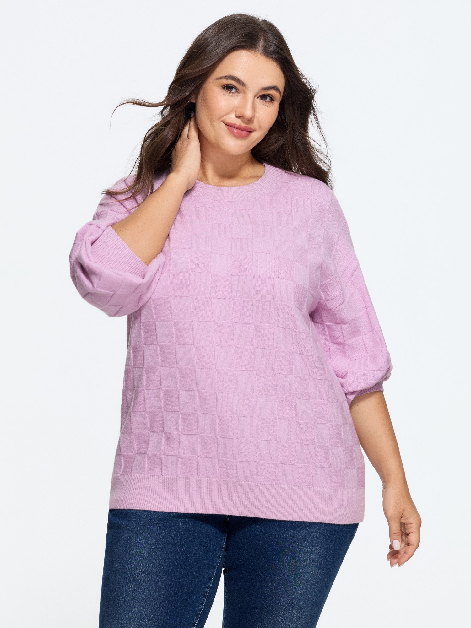 BloomChic Women's Plus Size Textured Grid Round Neck Pullover Lilac Snow Long Sleeve Round Neck 10/M