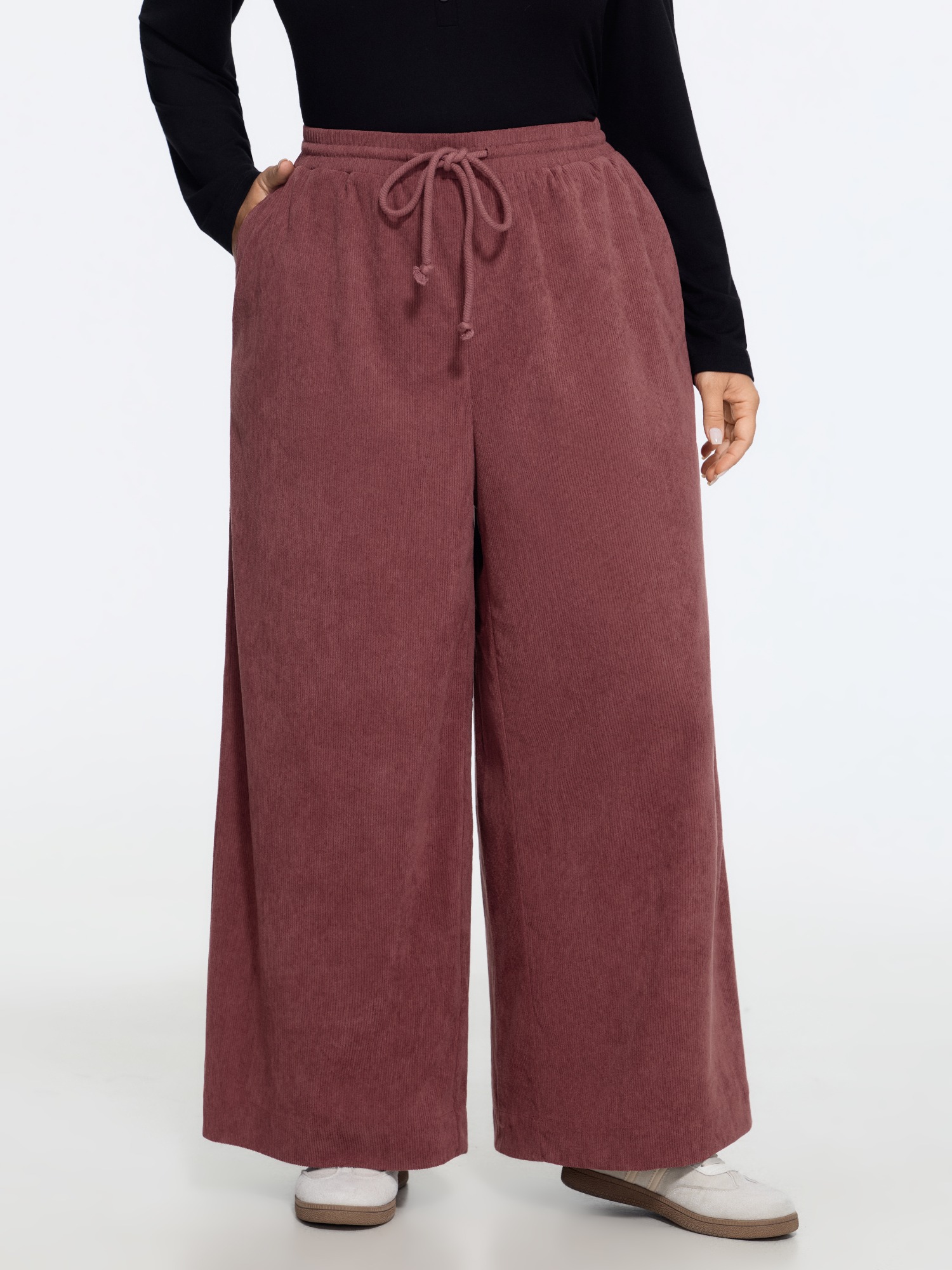 BloomChic Women's Plus Size Corduroy Drawstring Waist Wide Leg Pants Burgundy Solid Wide leg Mid Rise Everyday-Casual 10/M