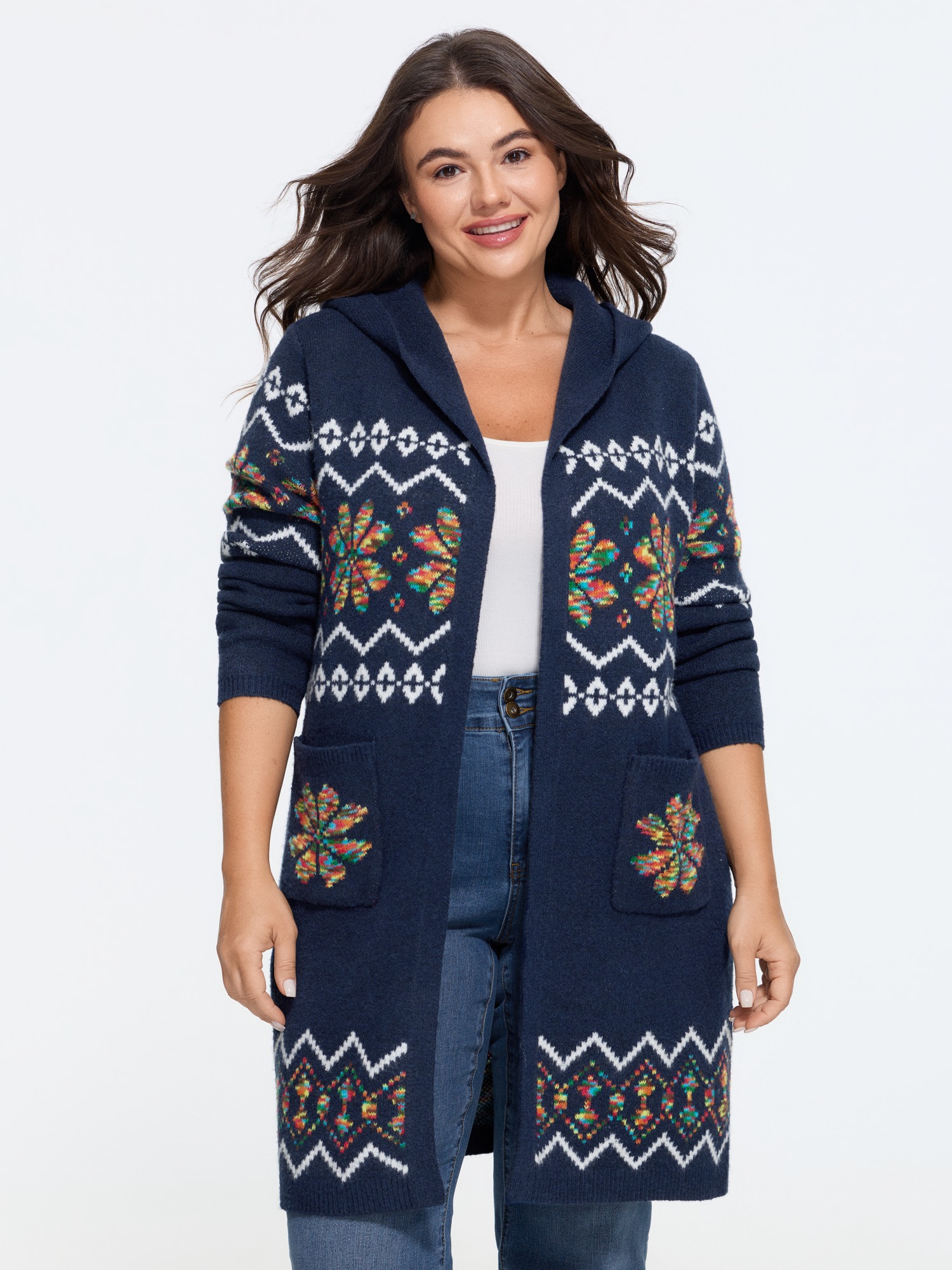 BloomChic Women's Plus Size Colorful Floral Jacquard Open Front Hooded Cardigan Indigo Long Sleeve Hooded Neck 10/M
